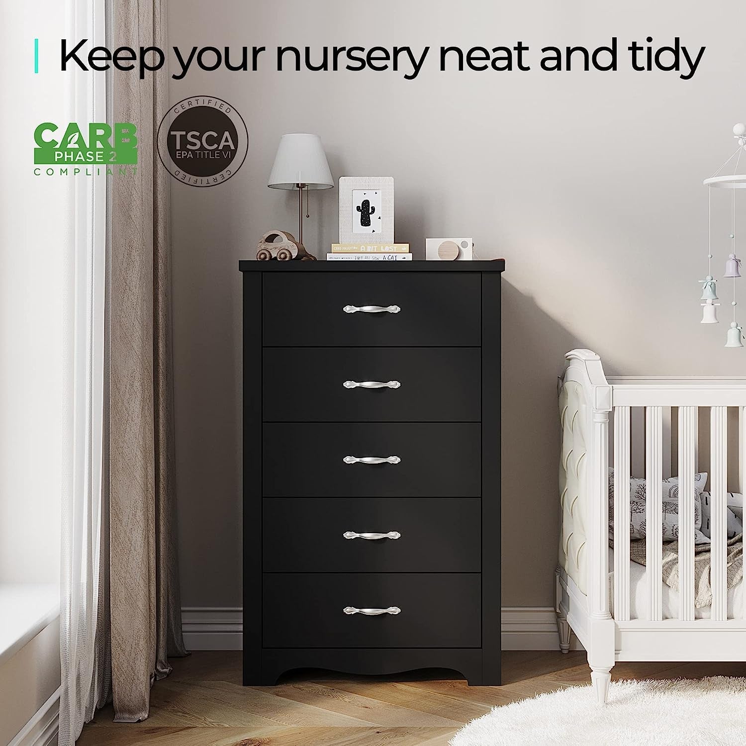 Black 5 Drawer Dresser for Nursery Organization Storage
