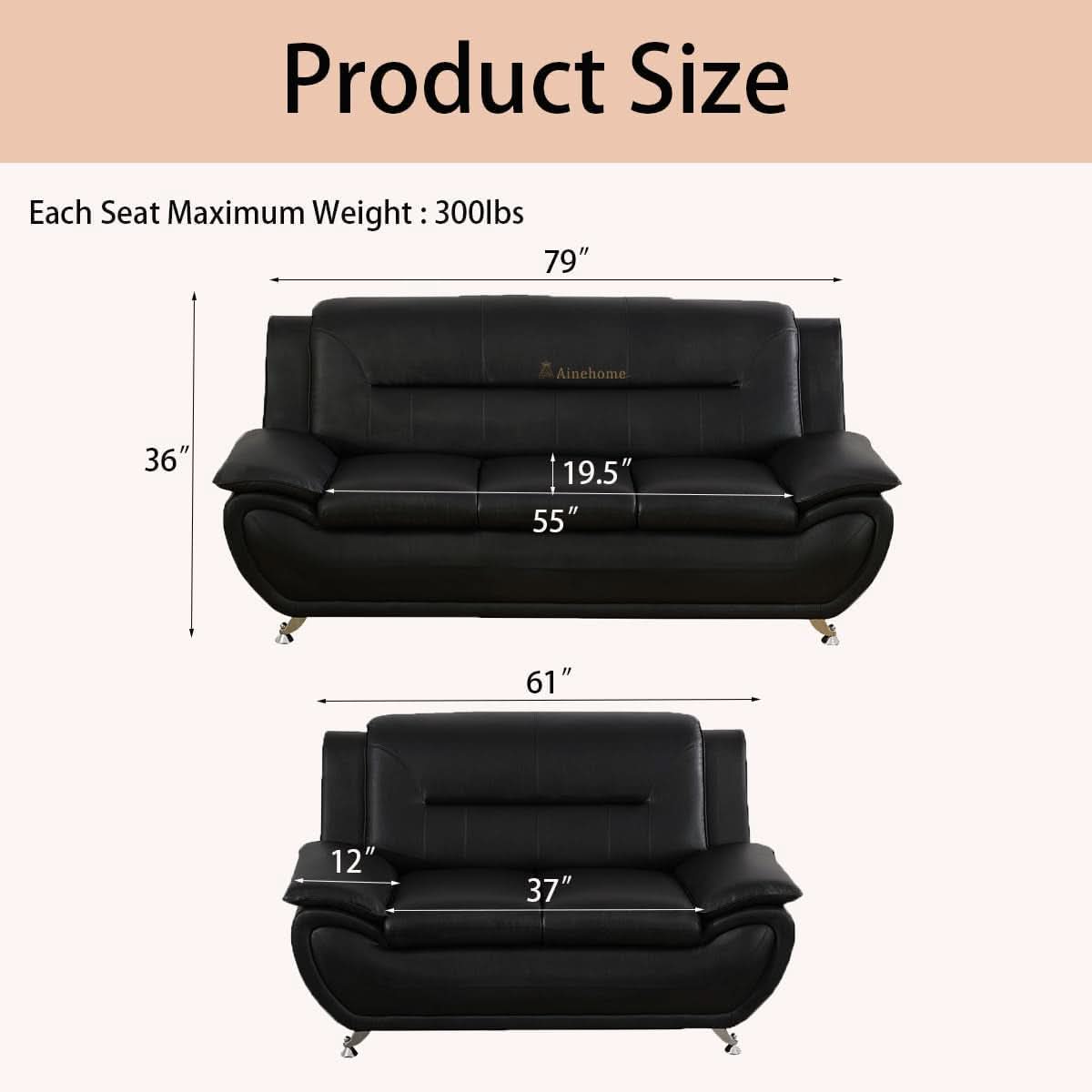 Black 5 Seat Faux Leather Sectional Sofa Set For Living Room