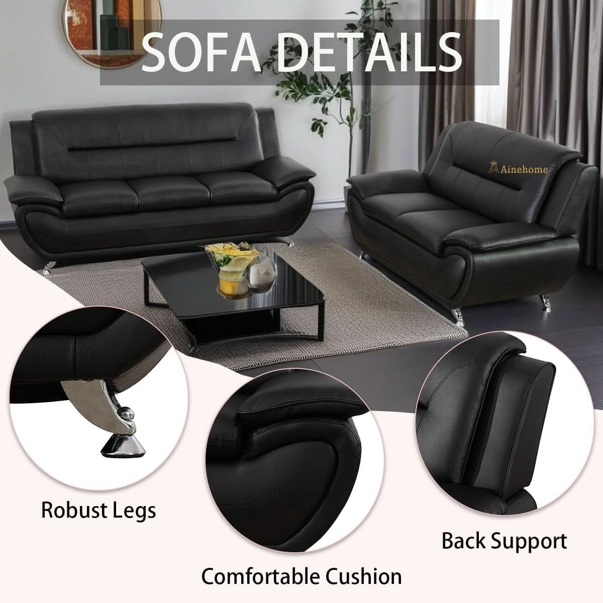 Black 5 Seat Faux Leather Sectional Sofa Set For Living Room