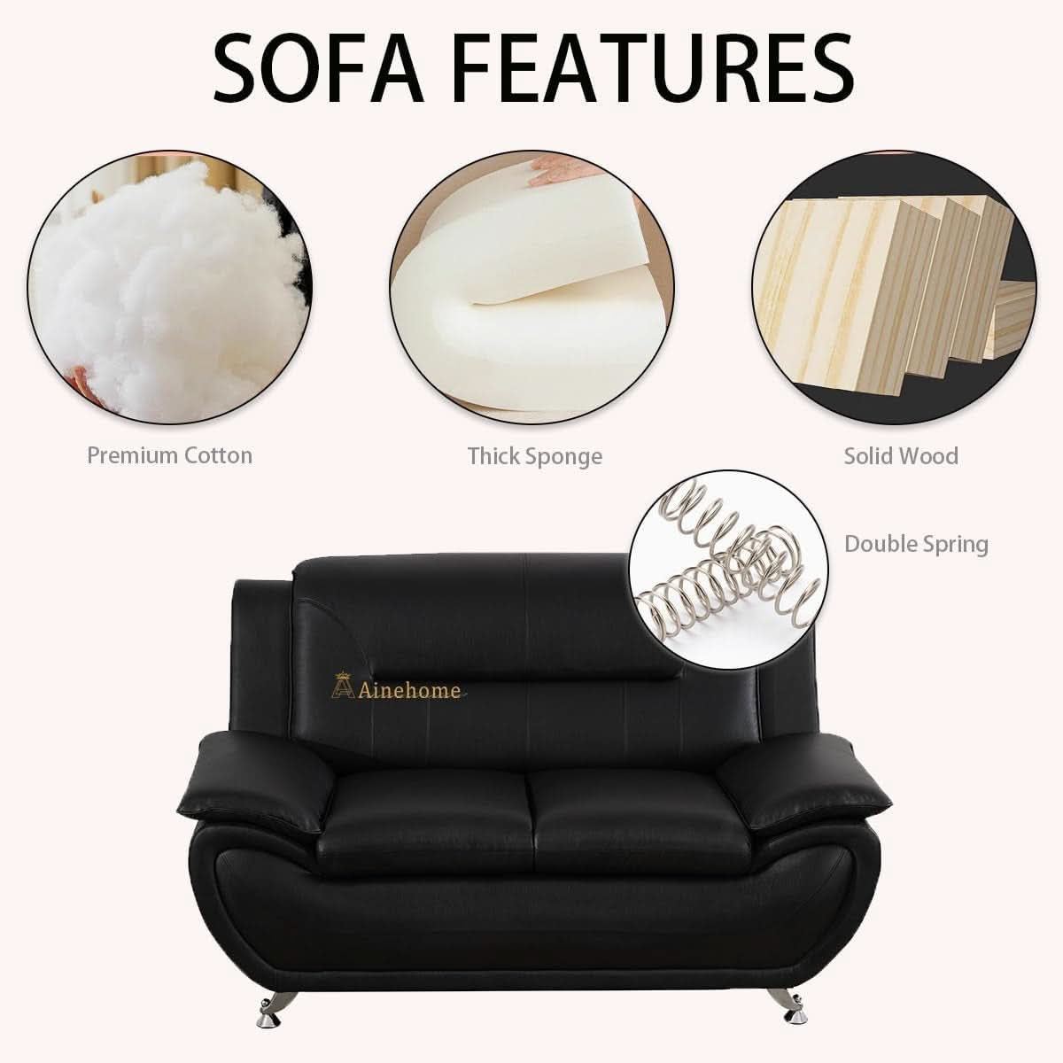 Black 5 Seat Faux Leather Sectional Sofa Set For Living Room