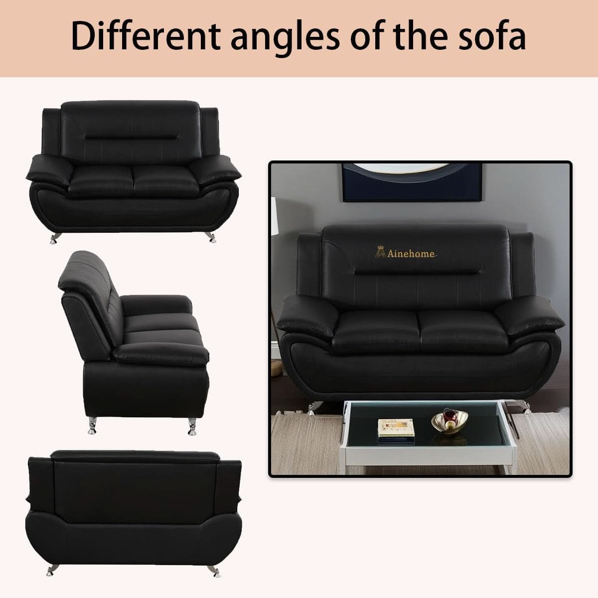 Black 5 Seat Faux Leather Sectional Sofa Set For Living Room