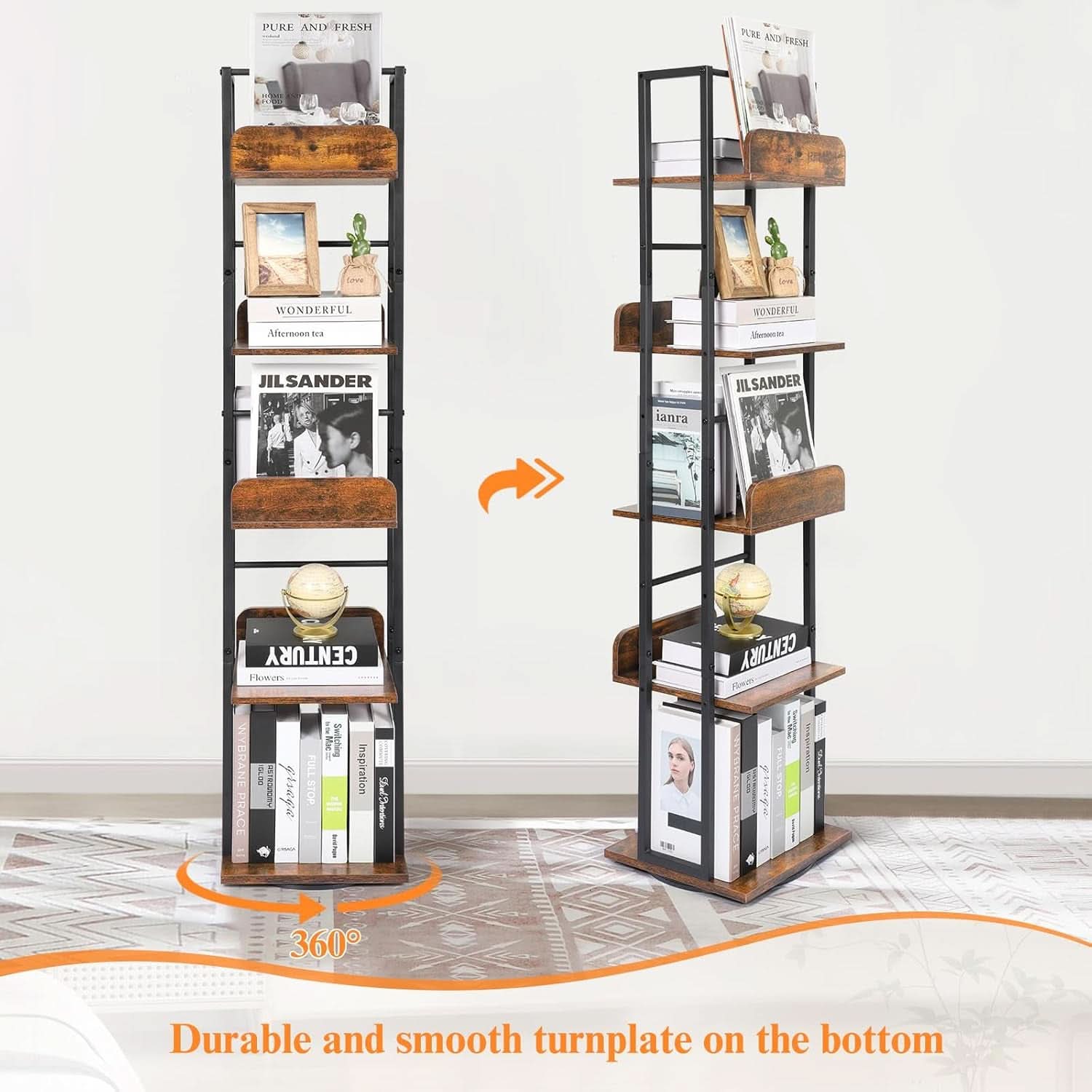 Black 5-Shelf 360 Degree Rotating Corner Bookshelf Tower