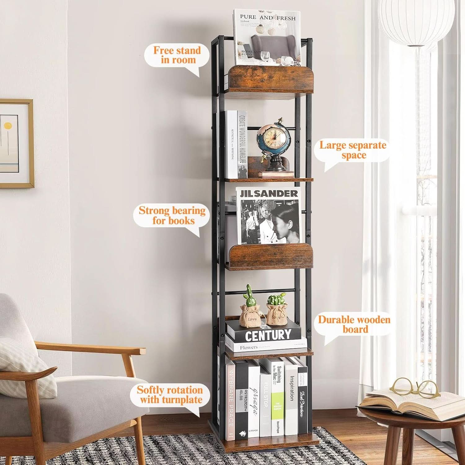 Black 5-Shelf 360 Degree Rotating Corner Bookshelf Tower
