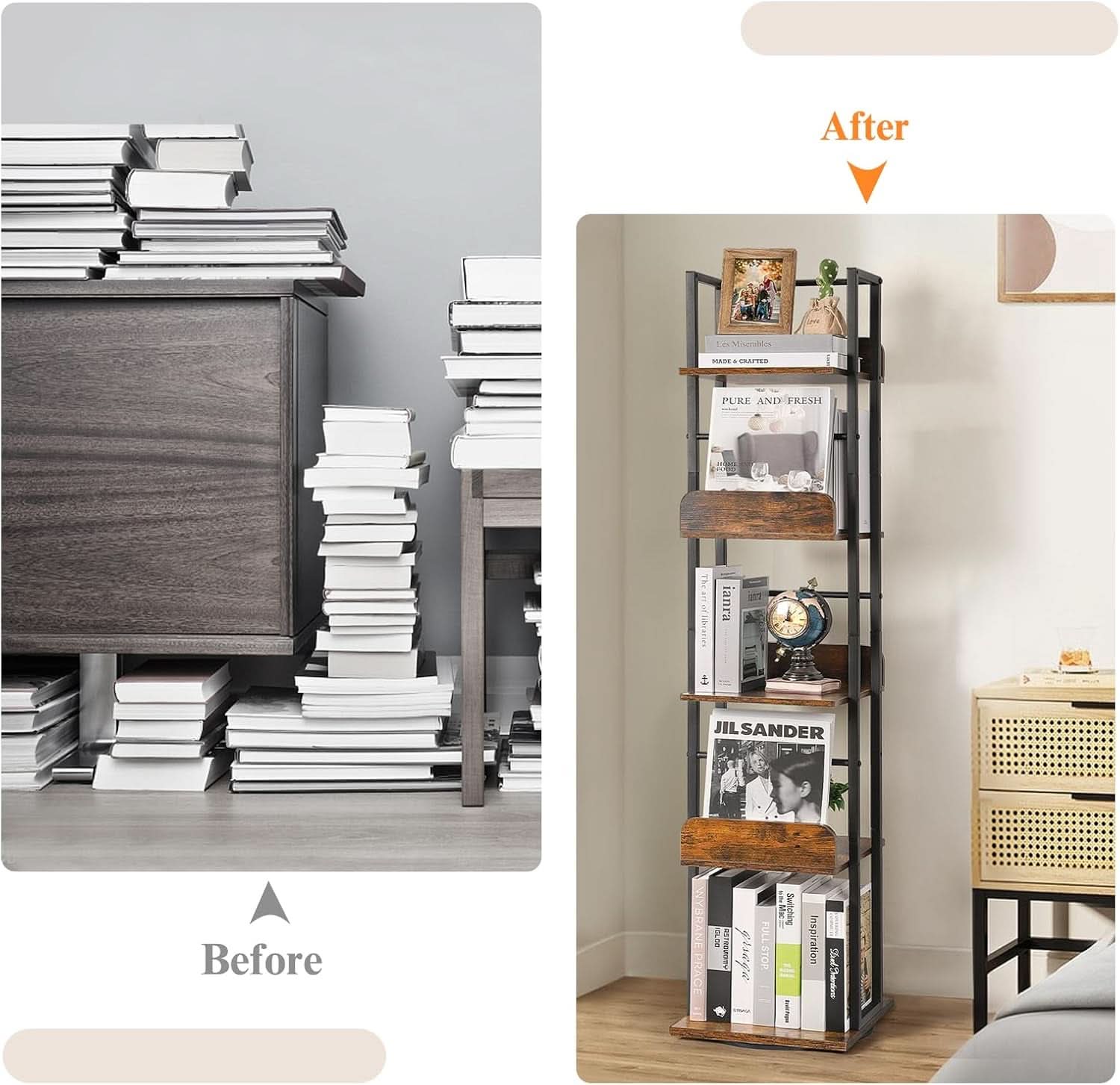 Black 5-Shelf 360 Degree Rotating Corner Bookshelf Tower