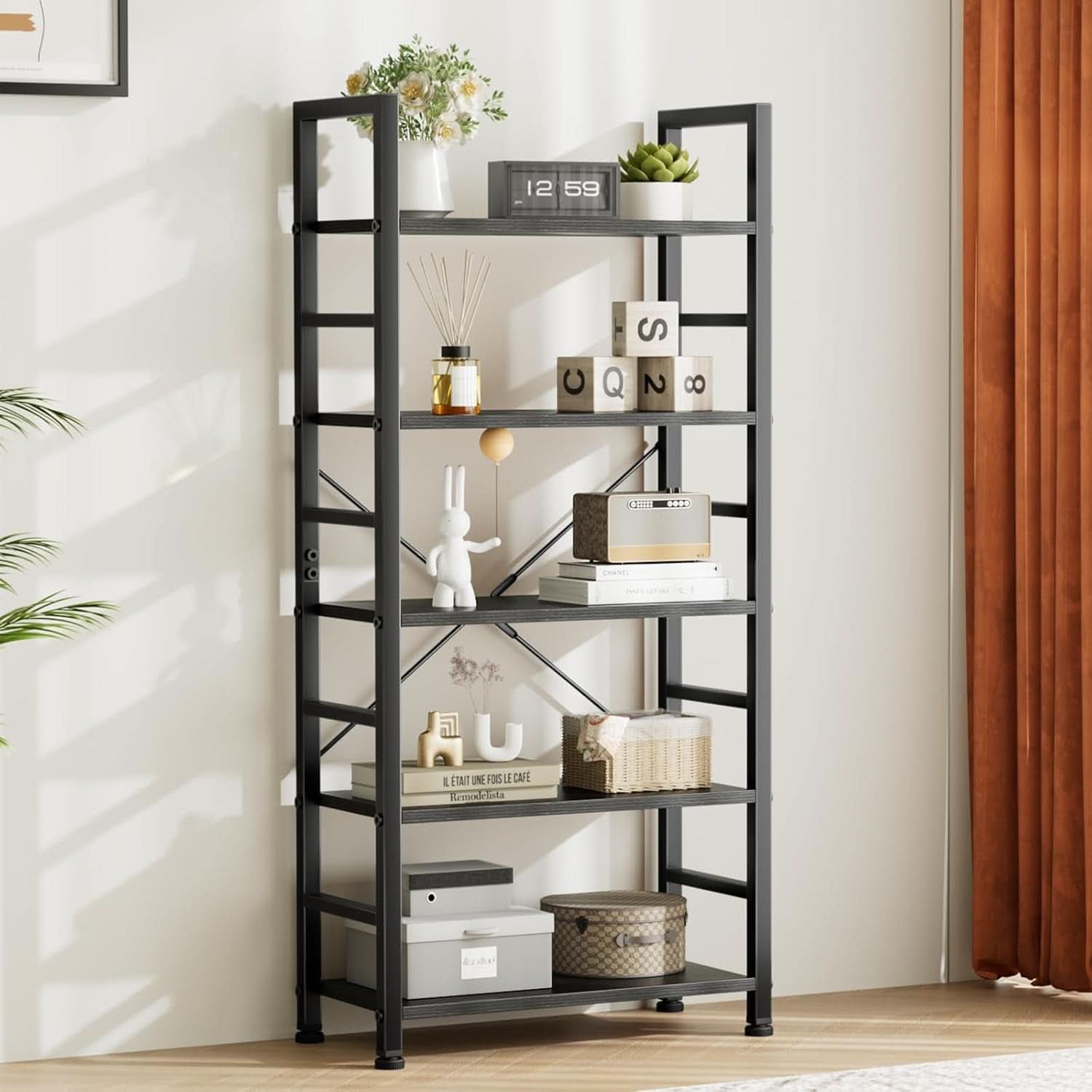 Black 5 Tier Bookcase Space Saving Tall Studio Home Office