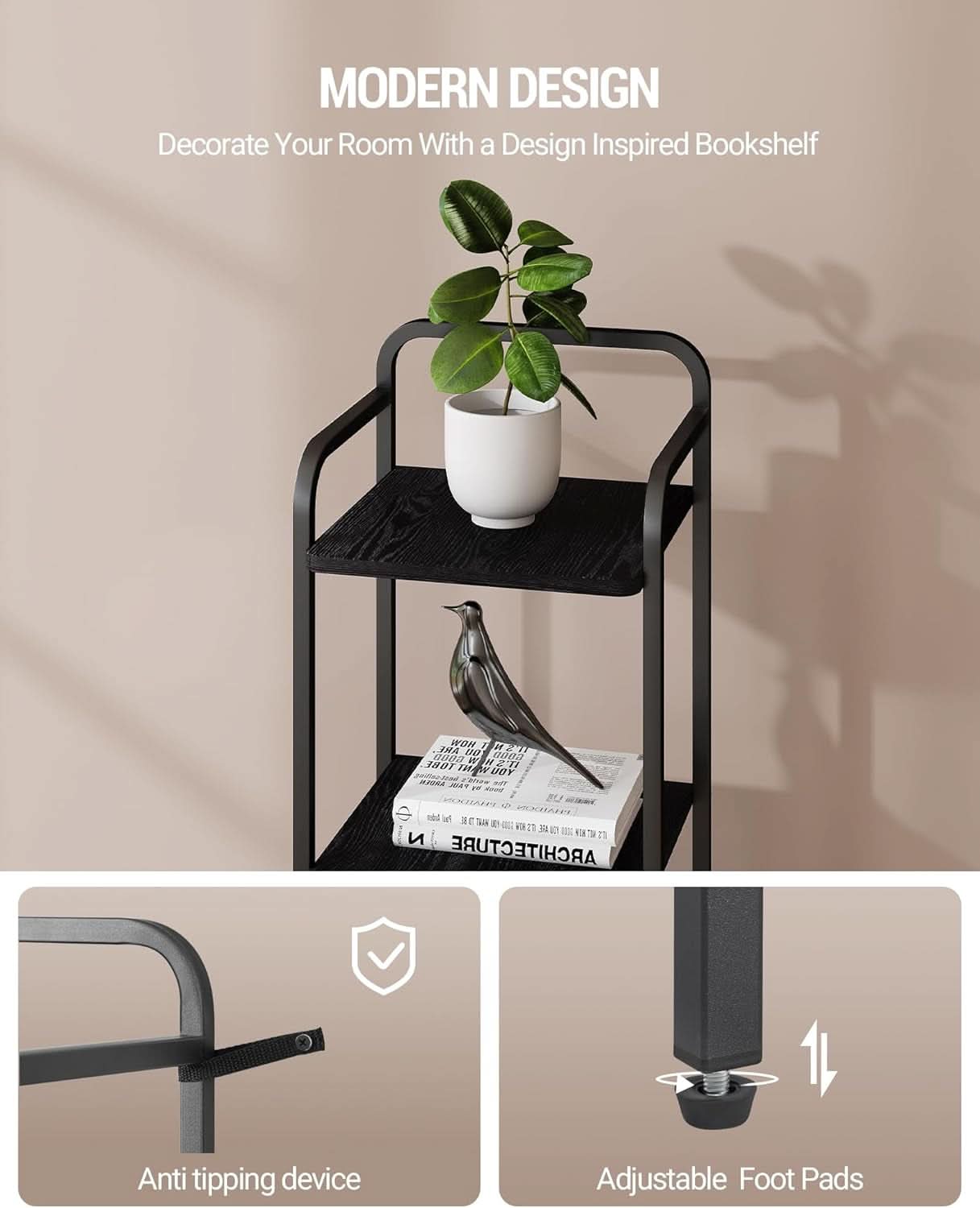 Black 5 Tier Narrow Bookcase Corner Shelf Organizer Industrial Design