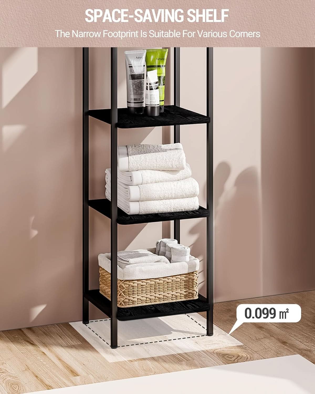 Black 5 Tier Narrow Bookcase Corner Shelf Organizer Industrial Design