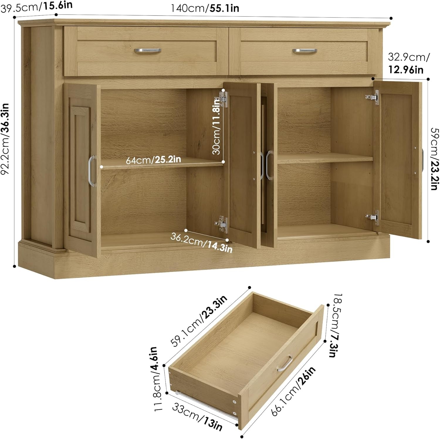 Black 55 Inch Farmhouse Buffet Cabinet With Storage Drawers