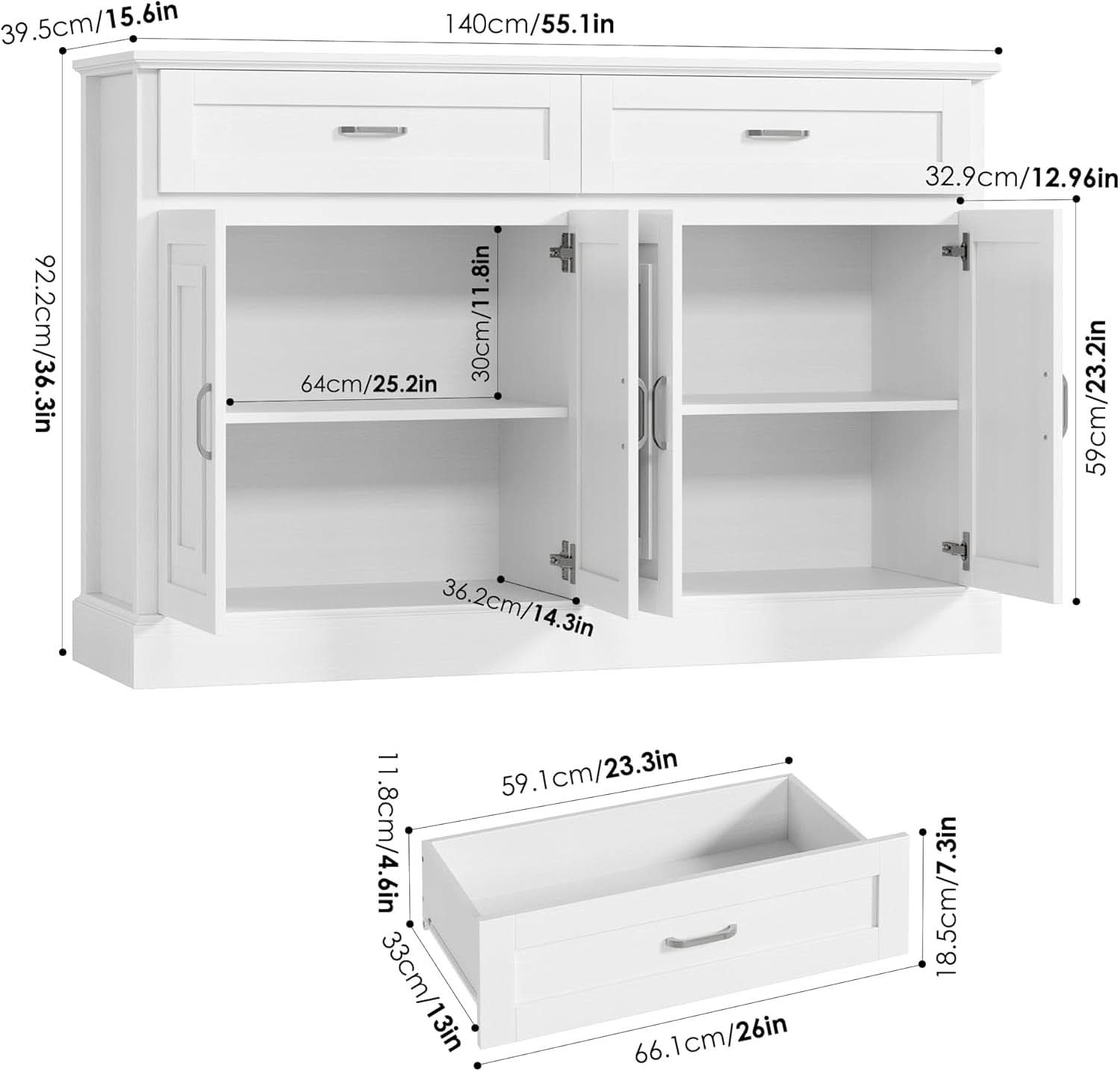 Black 55 Inch Farmhouse Buffet Cabinet With Storage Drawers