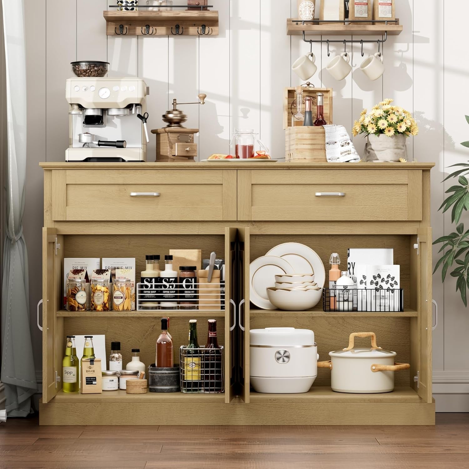 Black 55 Inch Farmhouse Buffet Cabinet With Storage Drawers