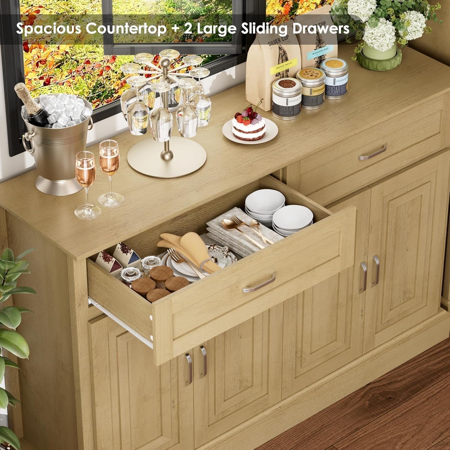 Black 55 Inch Farmhouse Buffet Cabinet With Storage Drawers