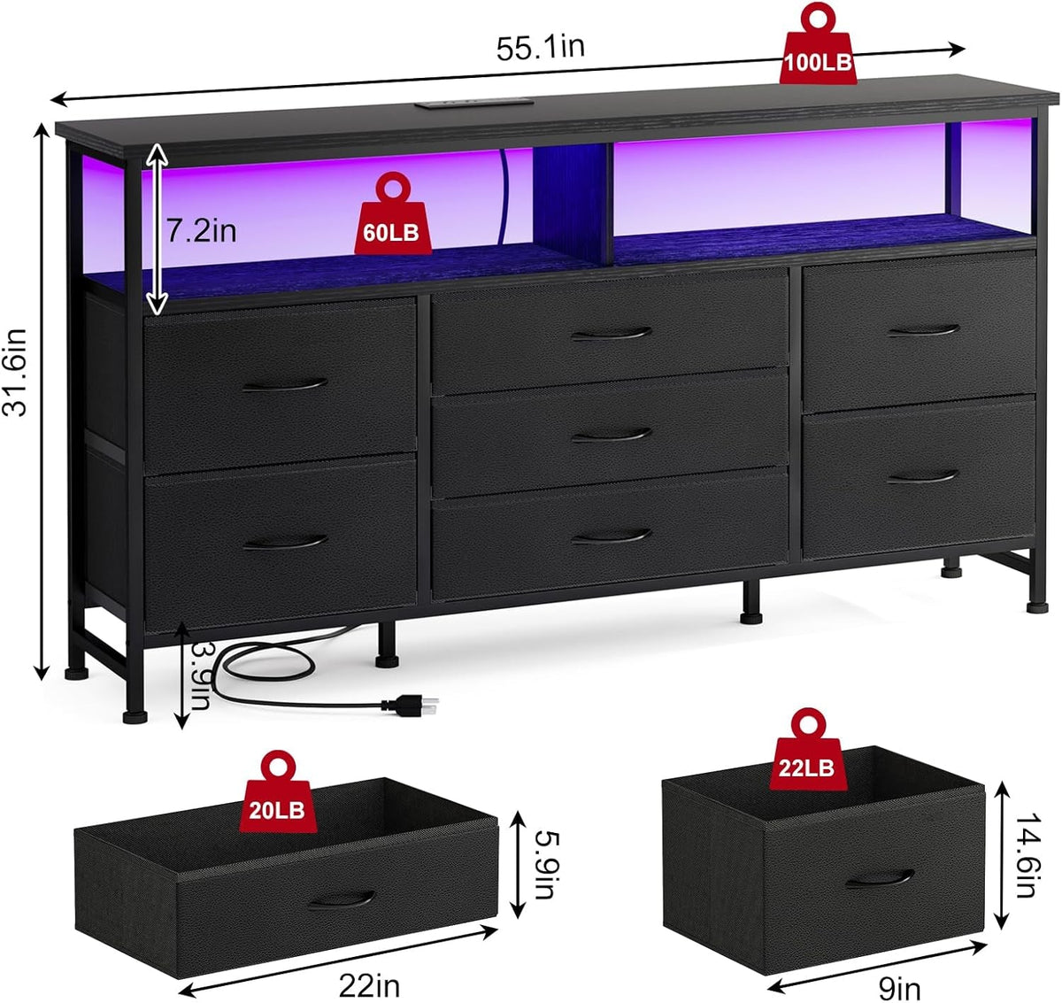 Black 55 Inch TV Stand For Bedroom With Storage Drawers