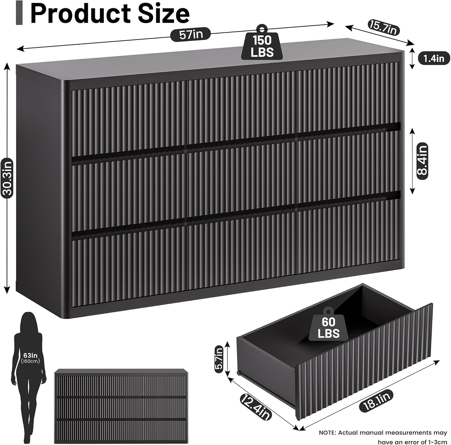 Black 57 Inch Dresser With Fluted Panels Handleless