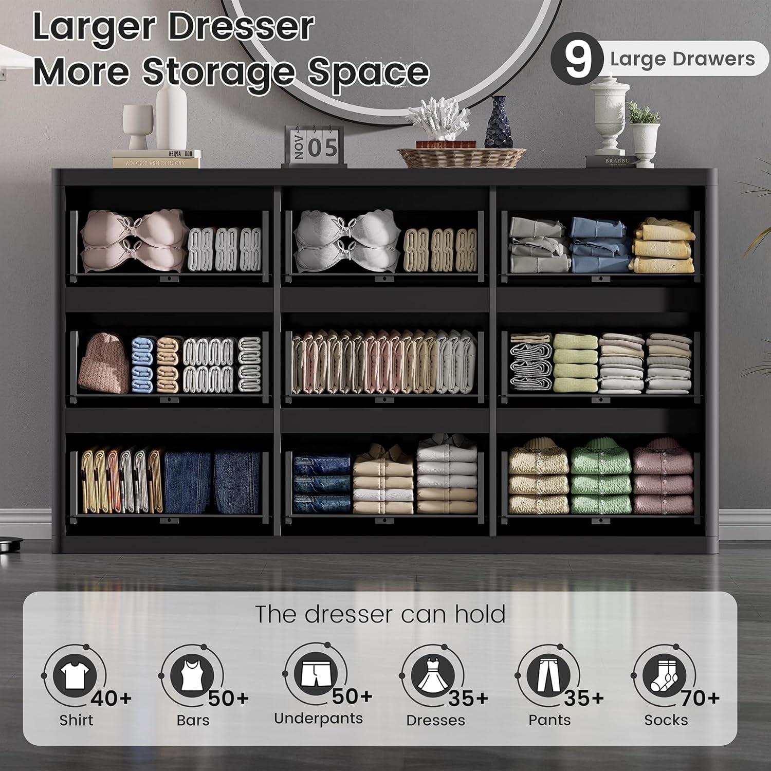 Black 57 Inch Dresser With Fluted Panels Handleless