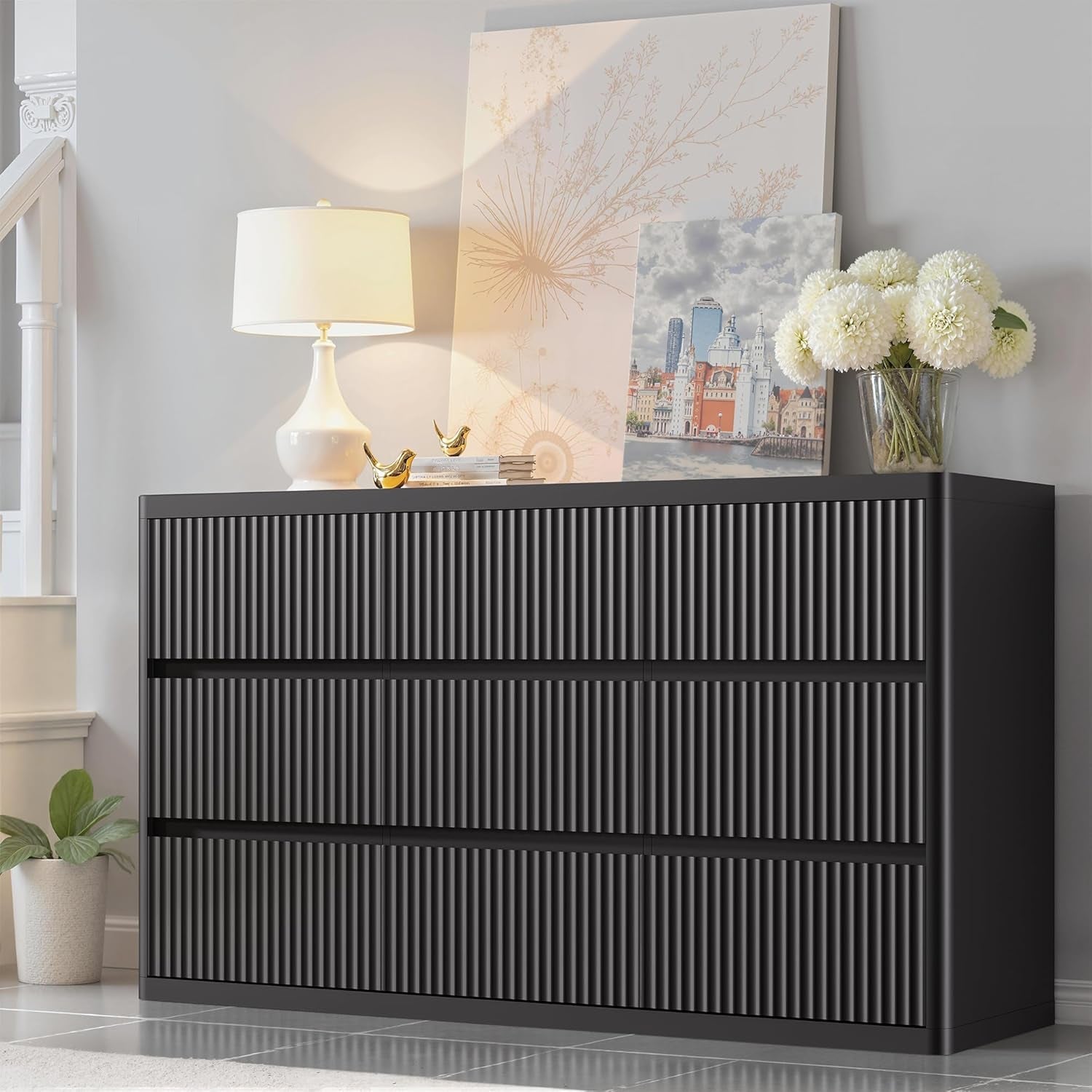 Black 57 Inch Dresser With Fluted Panels Handleless