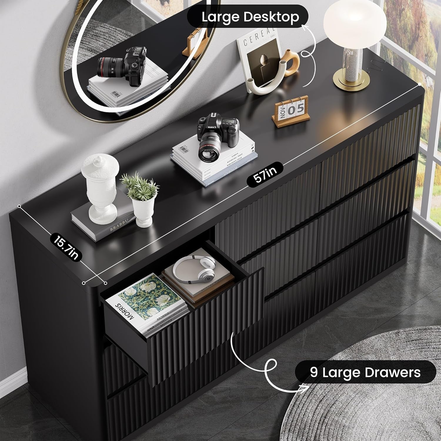 Black 57 Inch Dresser With Fluted Panels Handleless