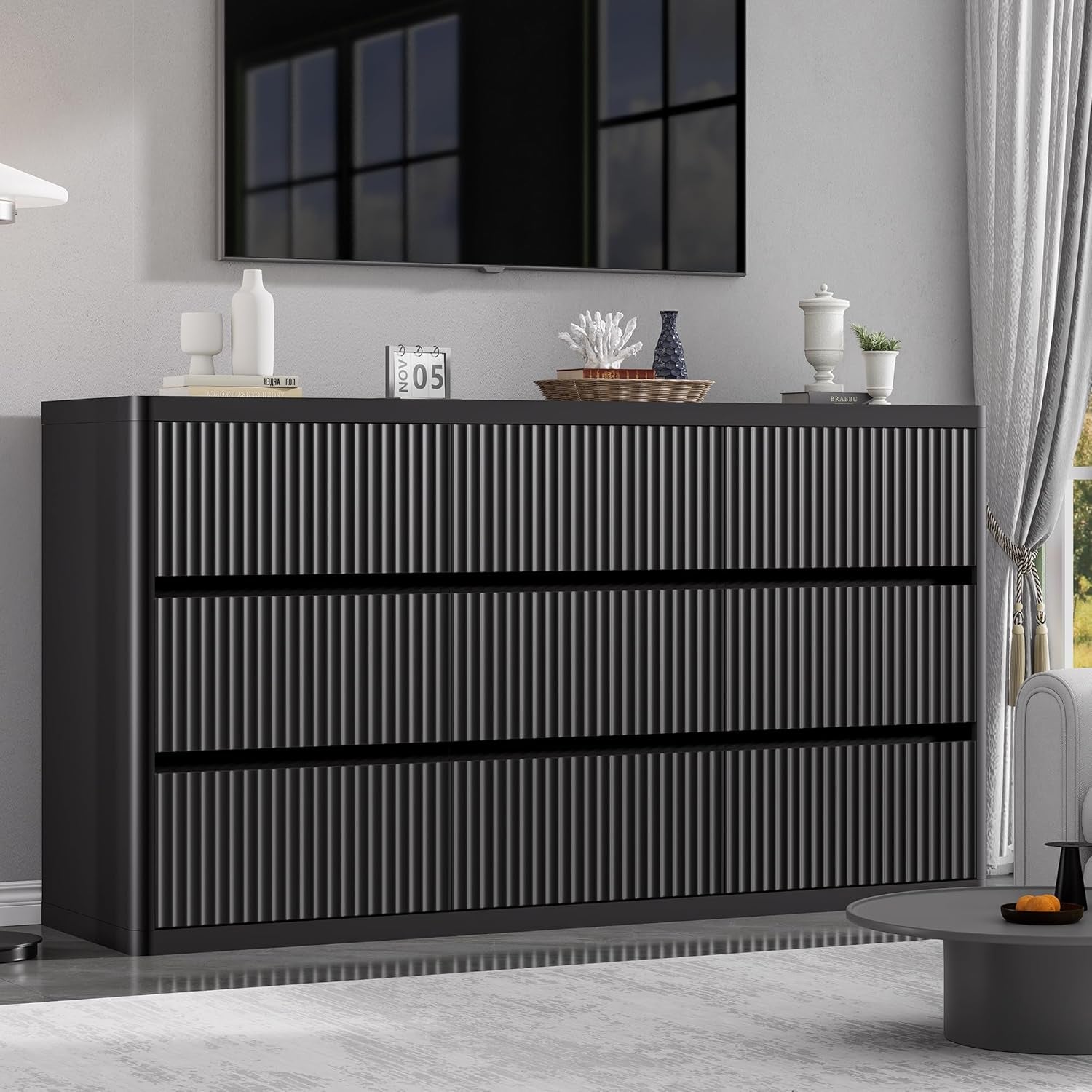 Black 57 Inch Dresser With Fluted Panels Handleless