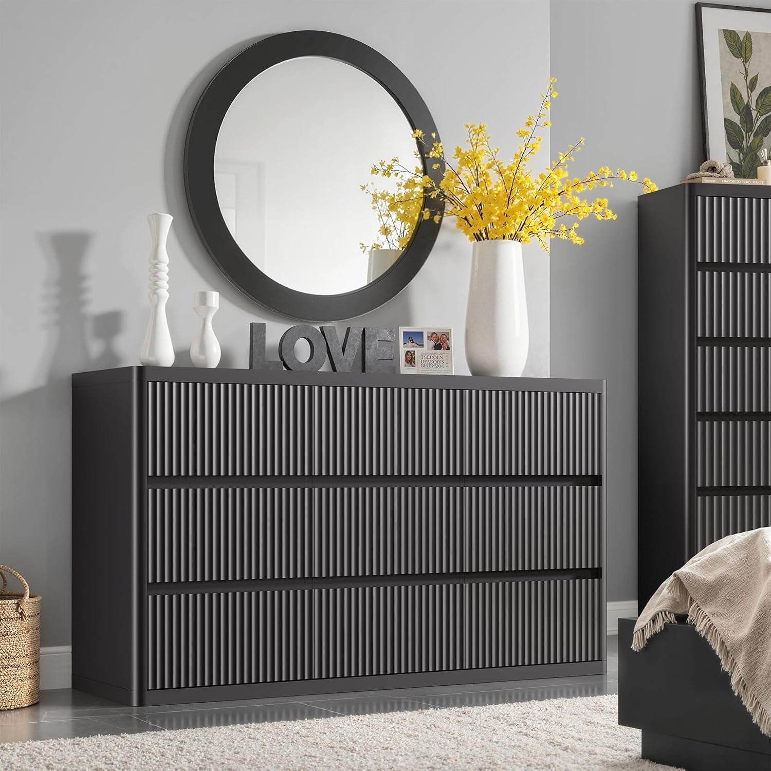 Black 57 Inch Dresser With Fluted Panels Handleless
