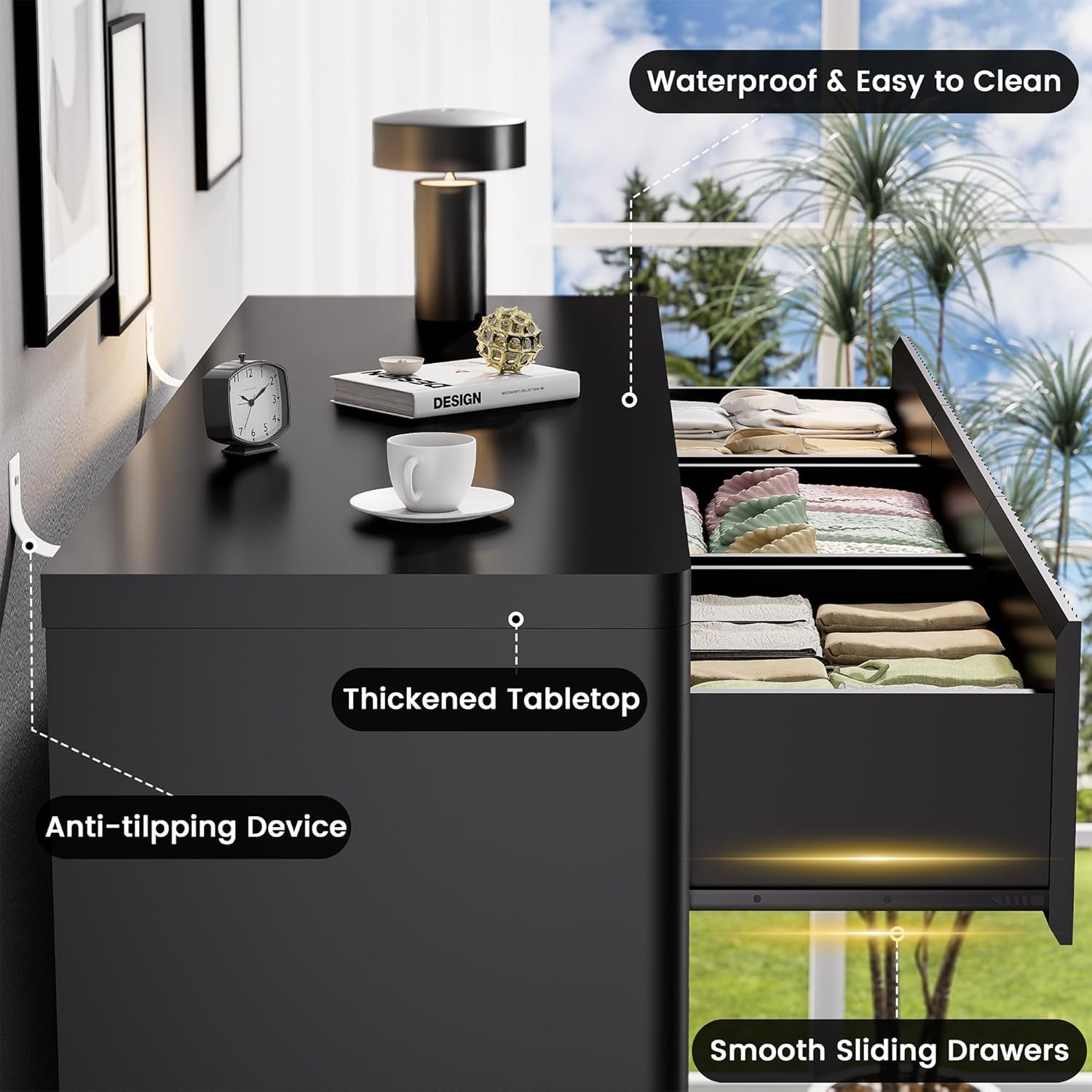 Black 57 Inch Dresser With Fluted Panels Handleless