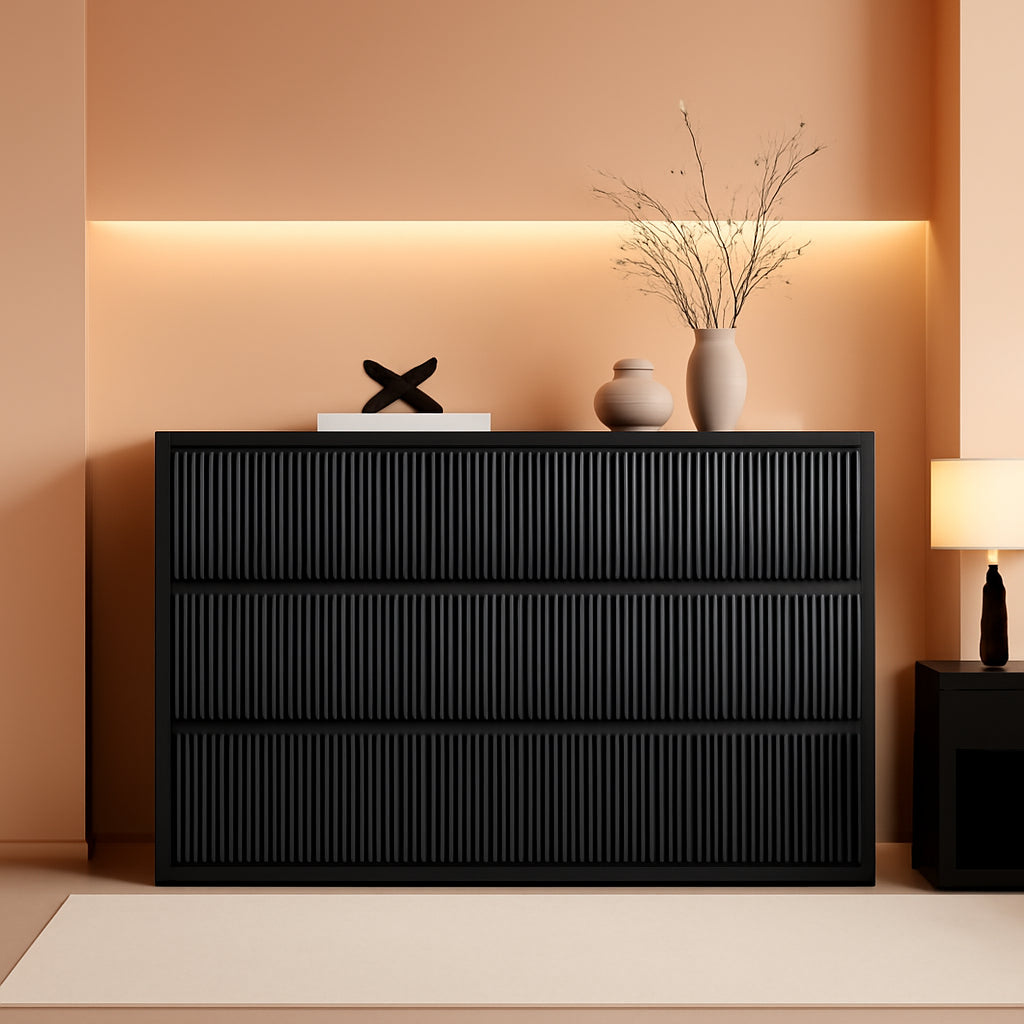 Black 57 Inch Dresser With Fluted Panels Handleless