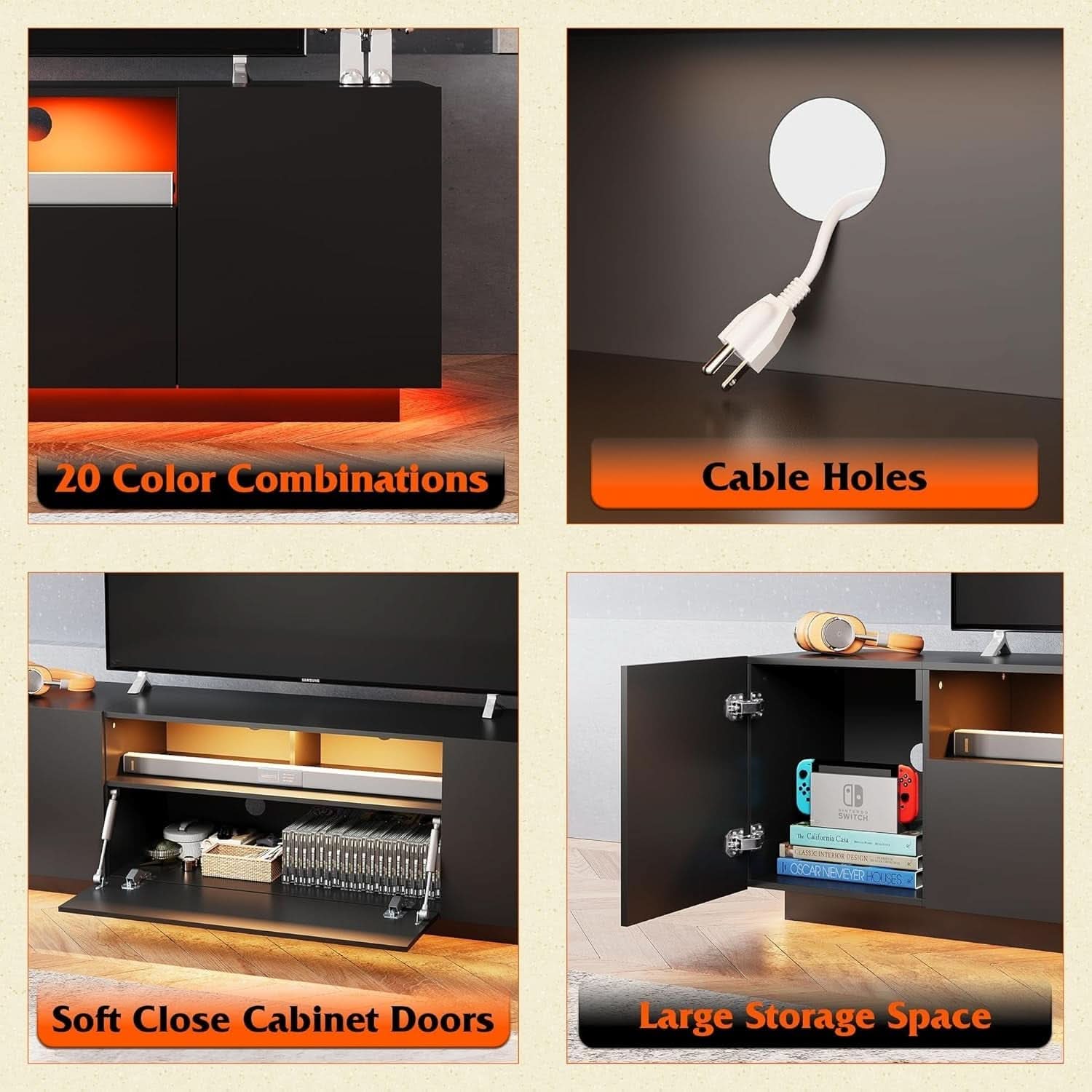 Black 58-Inch TV Console For Living Room Entertainment