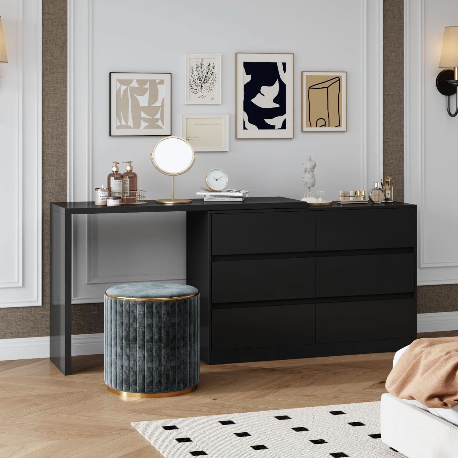 Black 6 Drawer Dresser With Rotatable Extendable Tabletop