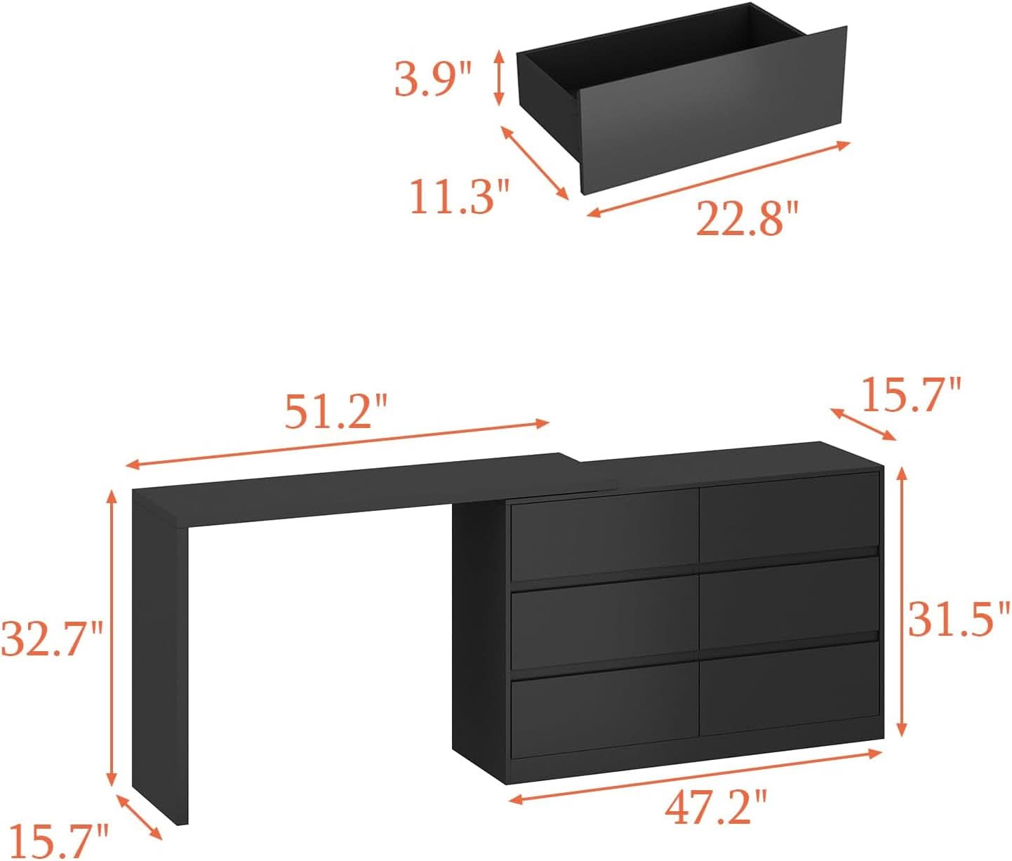 Black 6 Drawer Dresser With Rotatable Extendable Tabletop