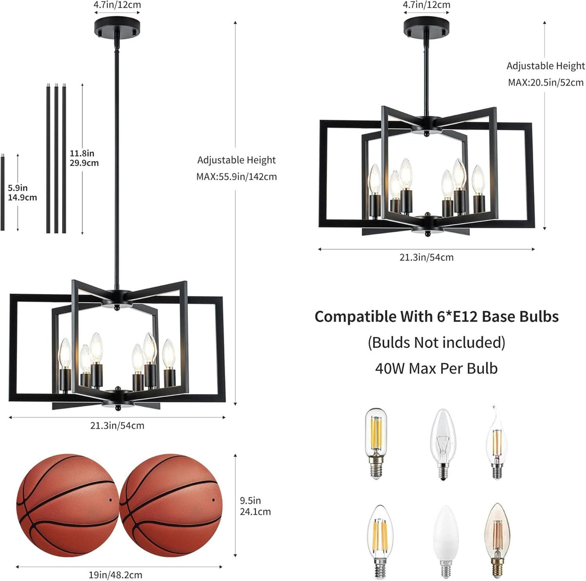 Black 6 Light Adjustable Pendant Chandelier For Dining Room