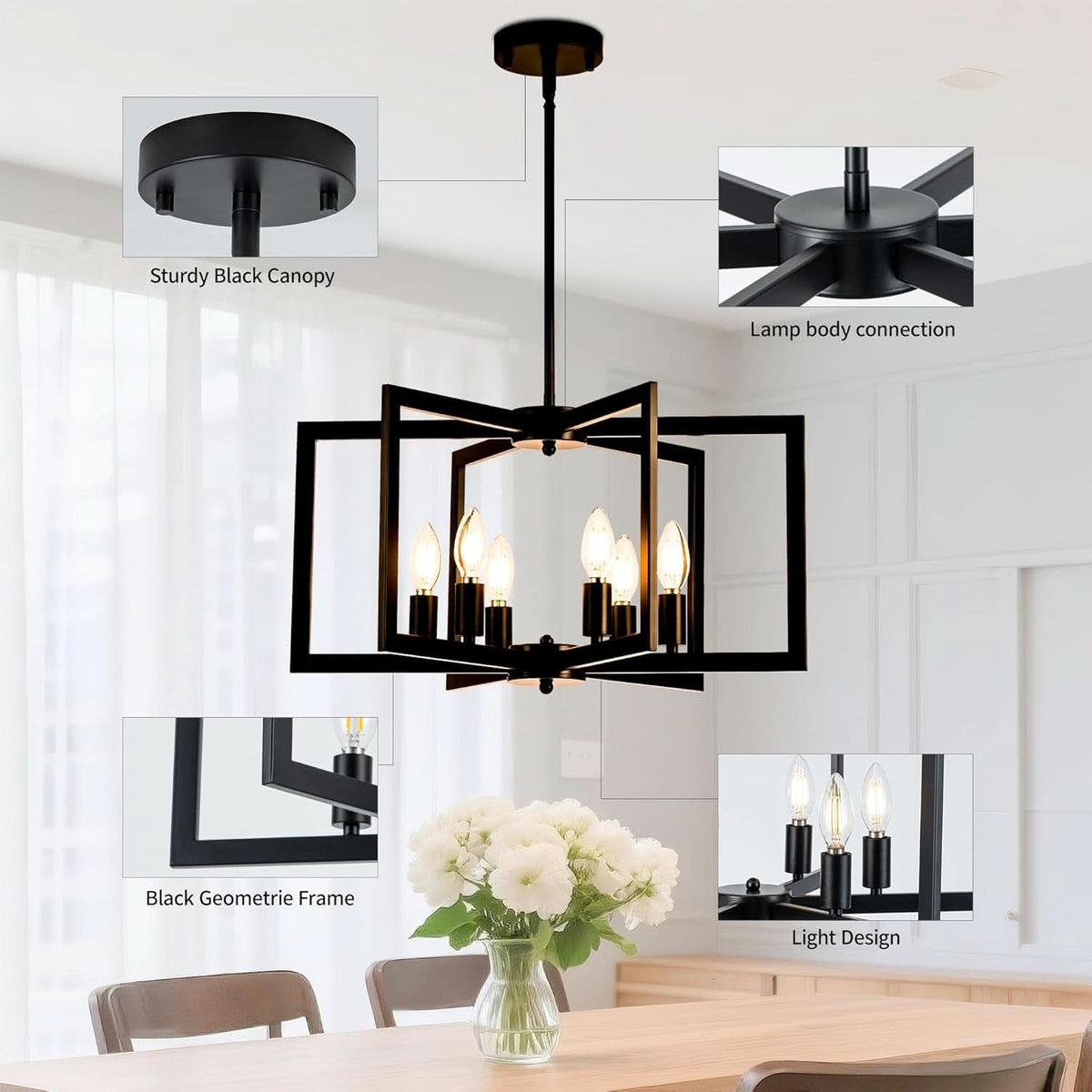 Black 6 Light Adjustable Pendant Chandelier For Dining Room