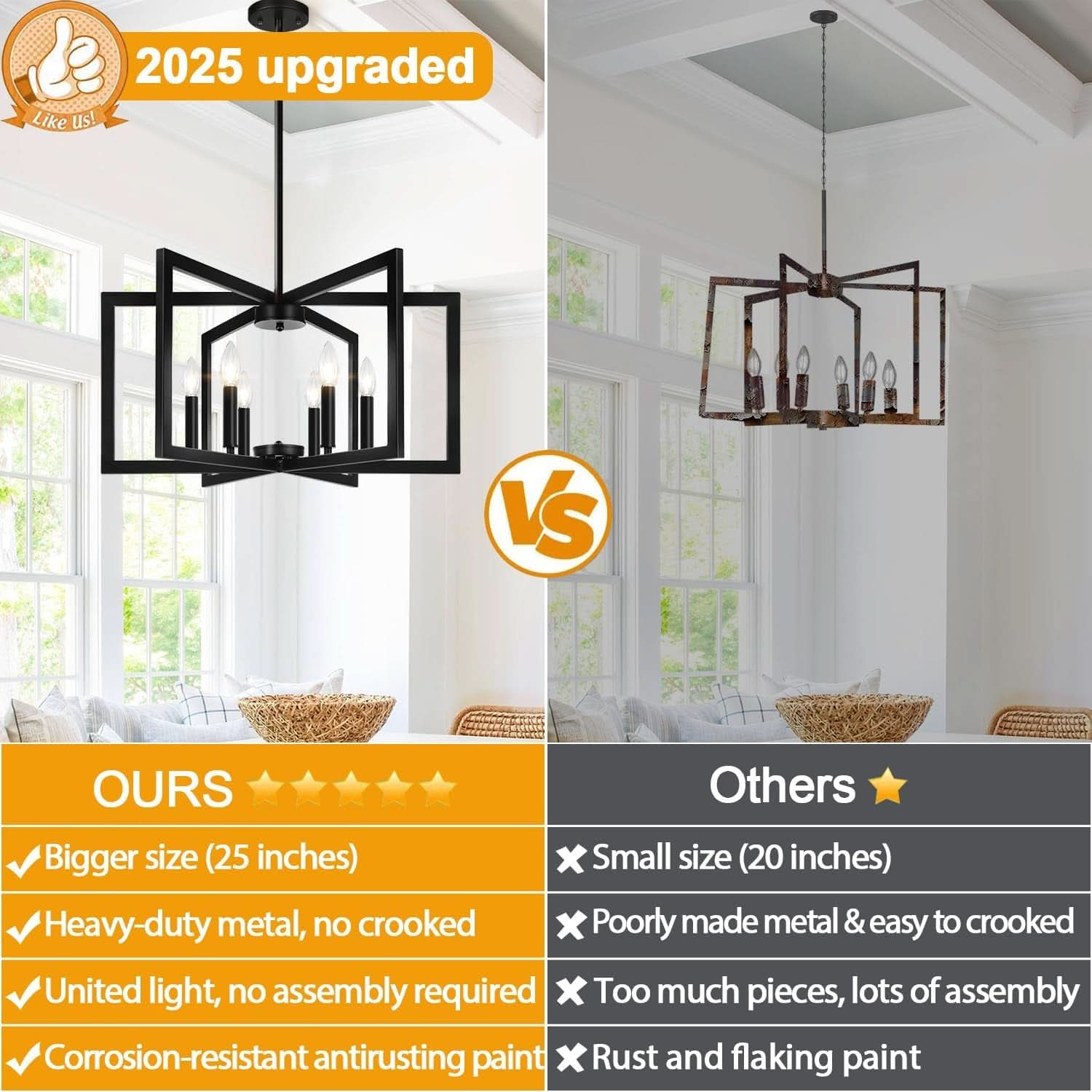 Black 6 Light Chandelier 25 Inch Geometric Square Frame