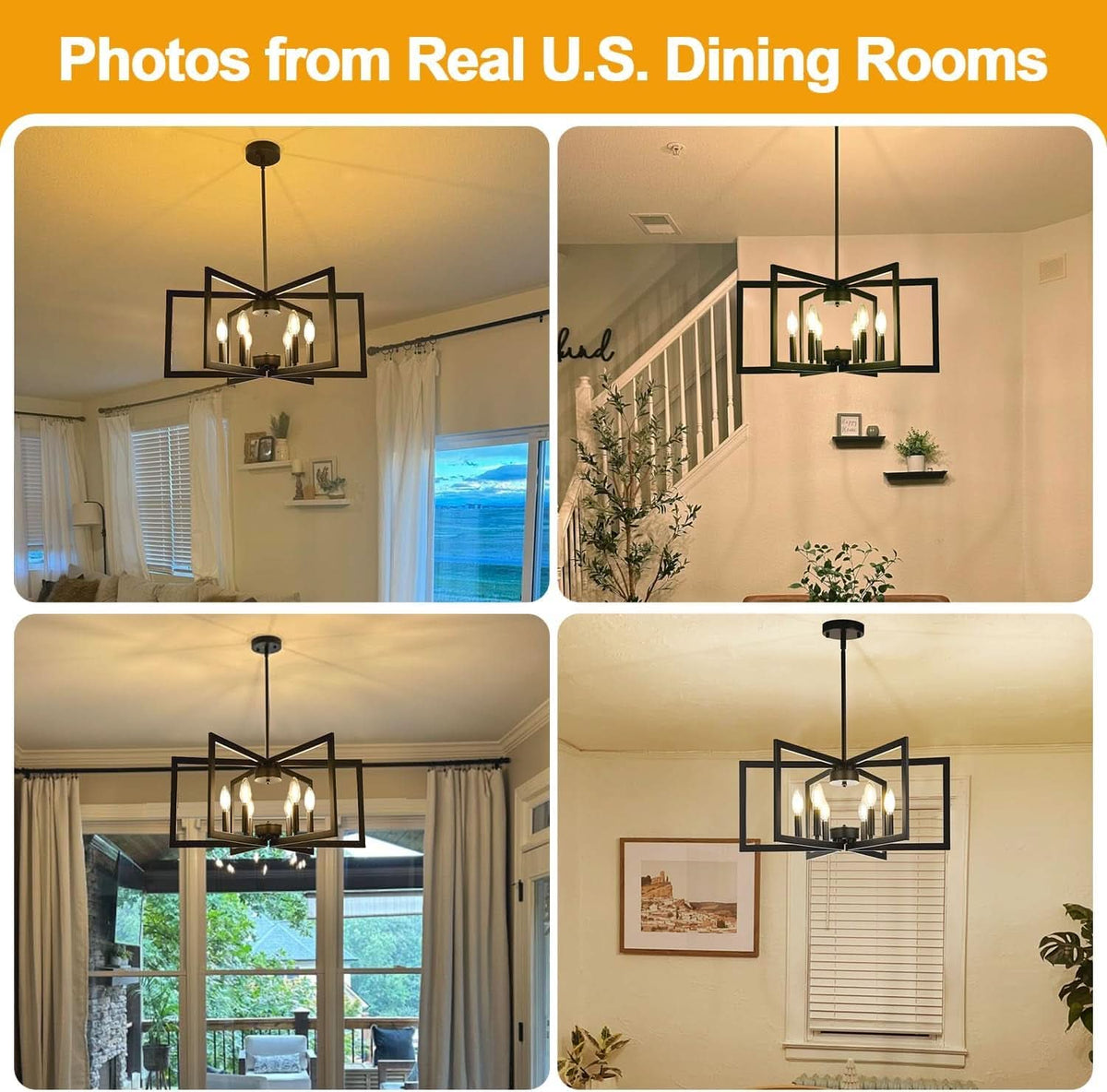 Black 6 Light Chandelier 25 Inch Geometric Square Frame
