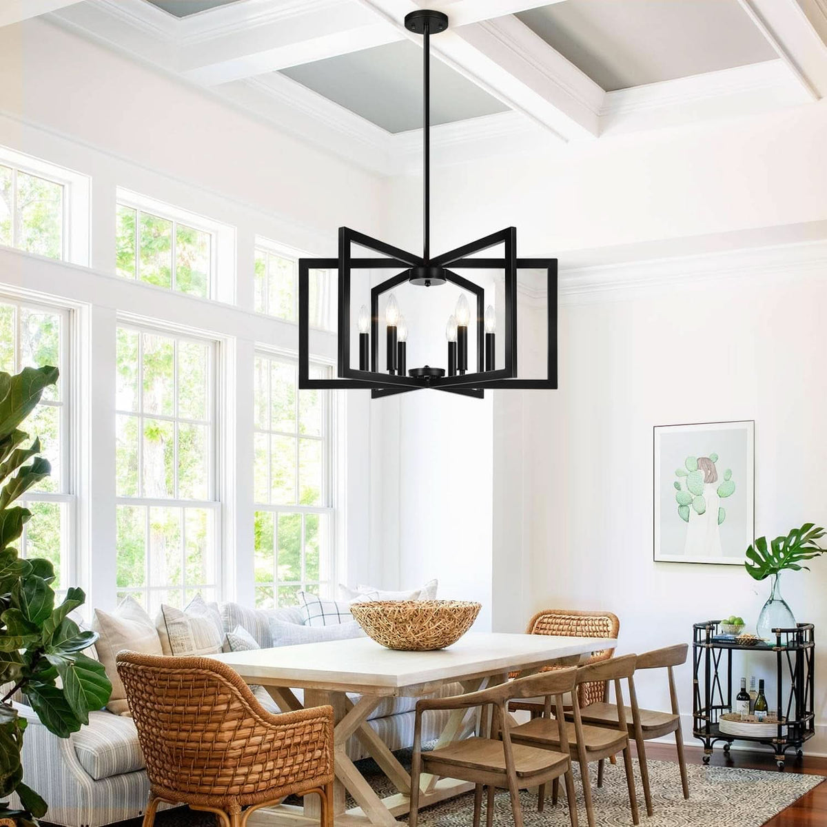 Black 6 Light Chandelier 25 Inch Geometric Square Frame