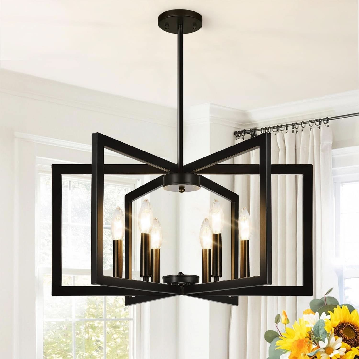 Black 6 Light Chandelier 25 Inch Geometric Square Frame