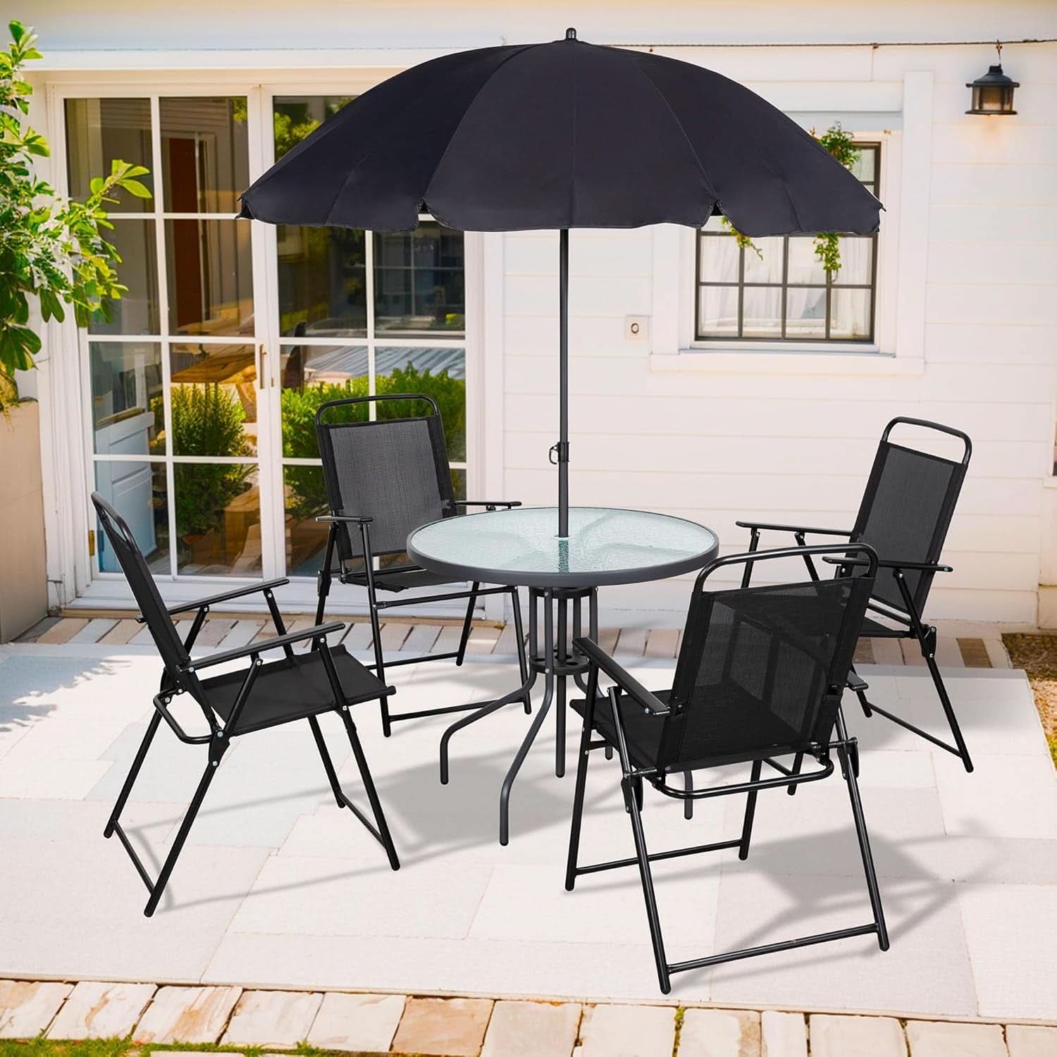 Black 6 Piece Patio Dining Set With Umbrella Glass Table