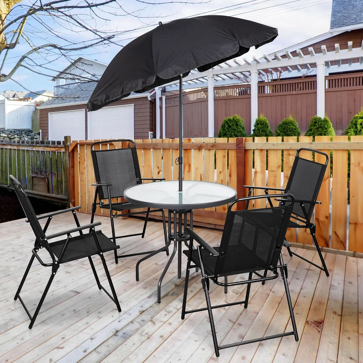 Black 6 Piece Patio Dining Set With Umbrella Glass Table
