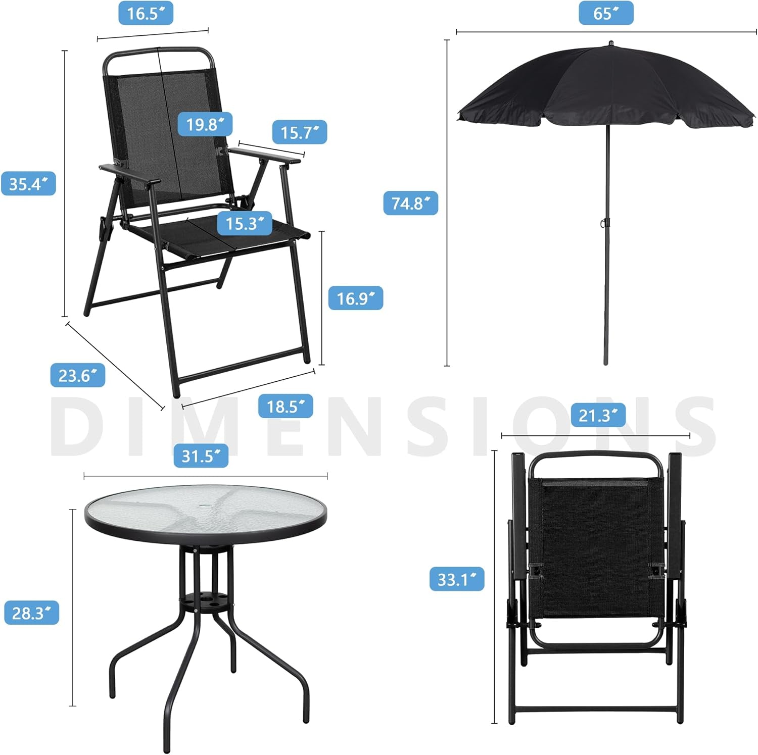Black 6 Piece Patio Dining Set With Umbrella Glass Table