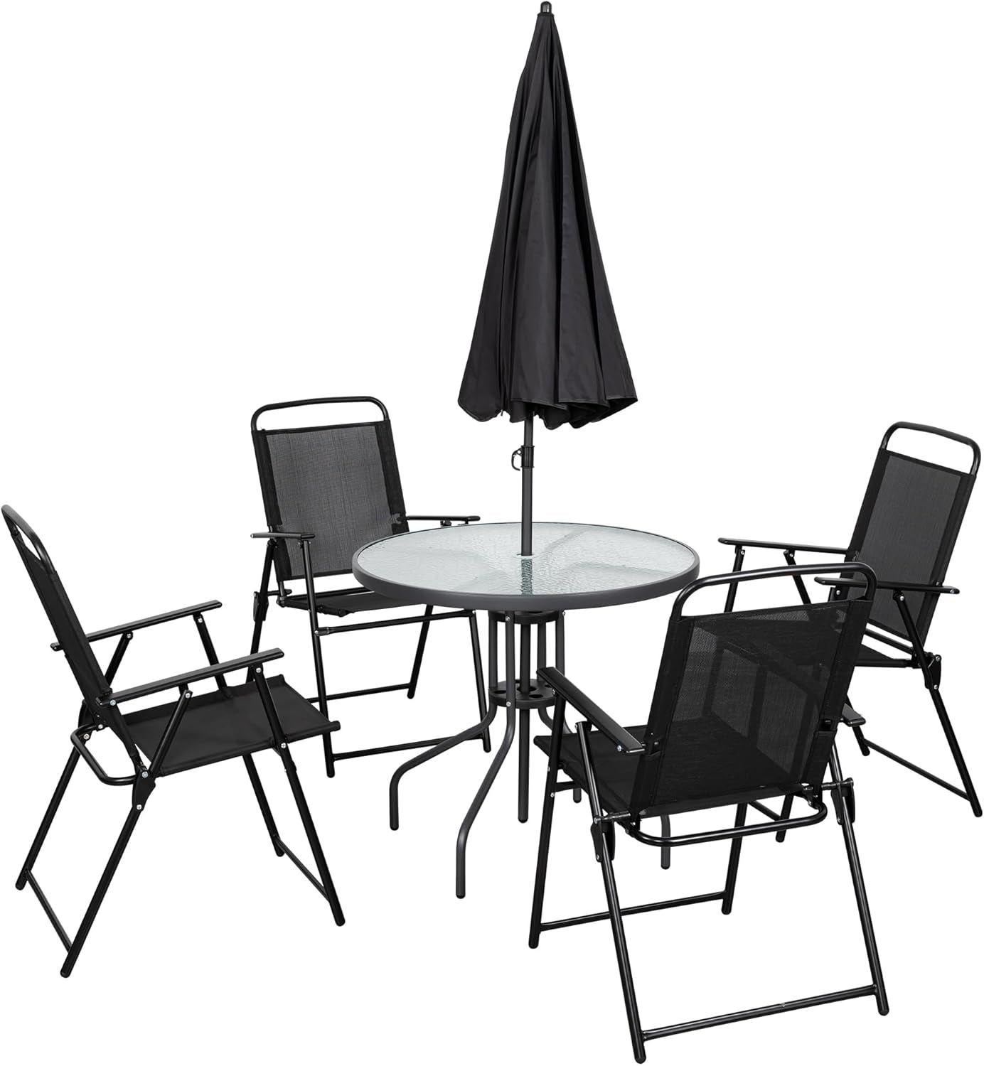 Black 6 Piece Patio Dining Set With Umbrella Glass Table