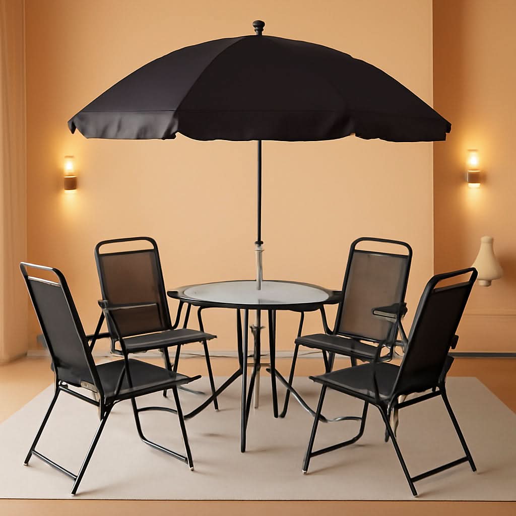 Black 6 Piece Patio Dining Set With Umbrella Glass Table