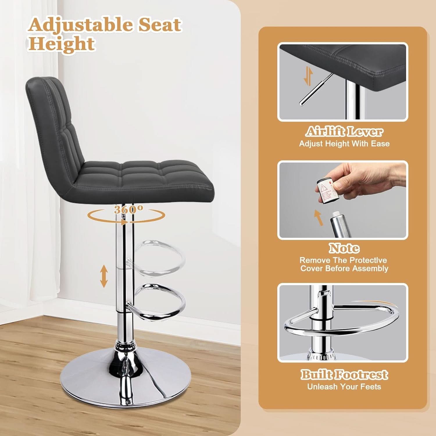 Black 6 Squares Back Adjustable Bar Stool Set Of 2