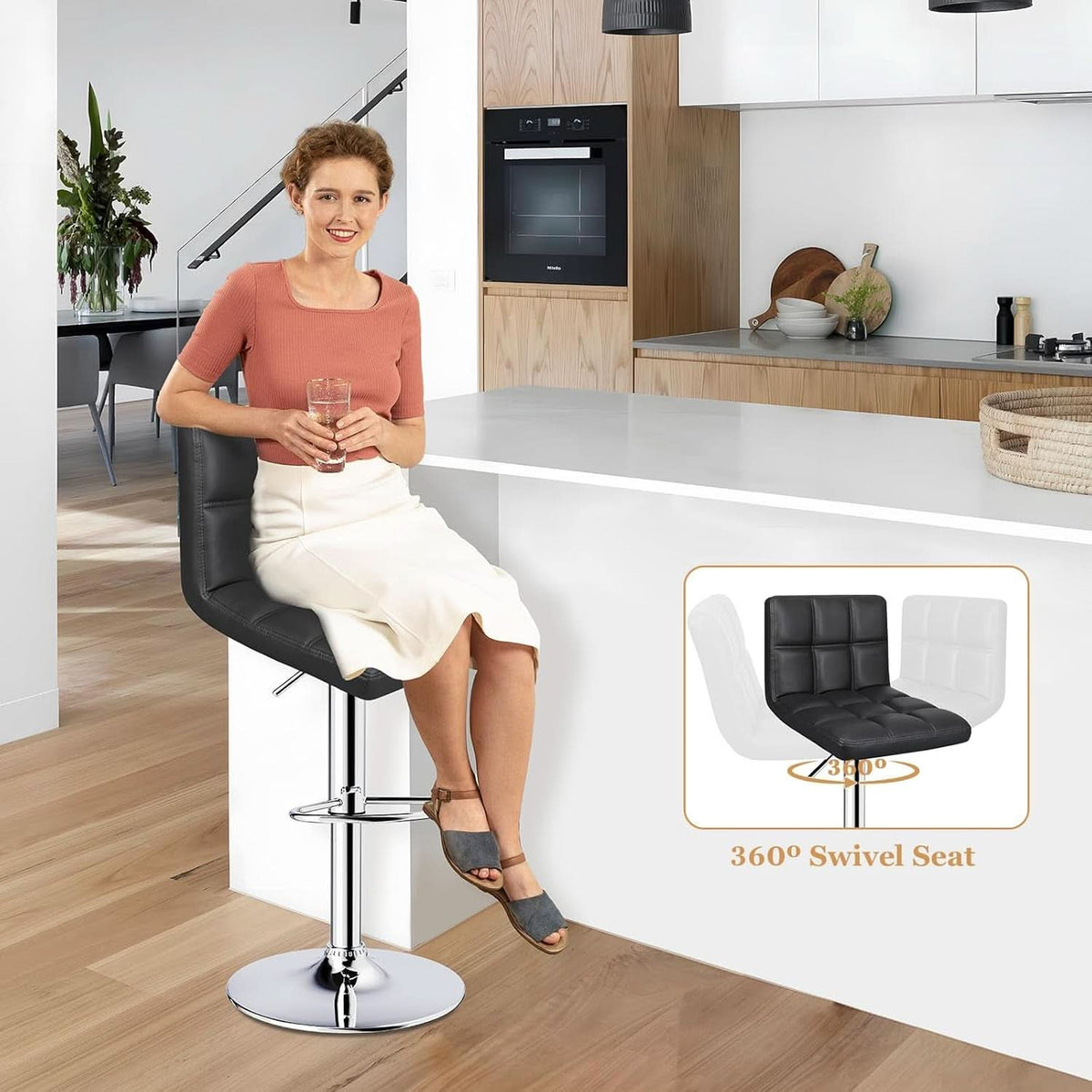 Black 6 Squares Back Adjustable Bar Stool Set Of 2