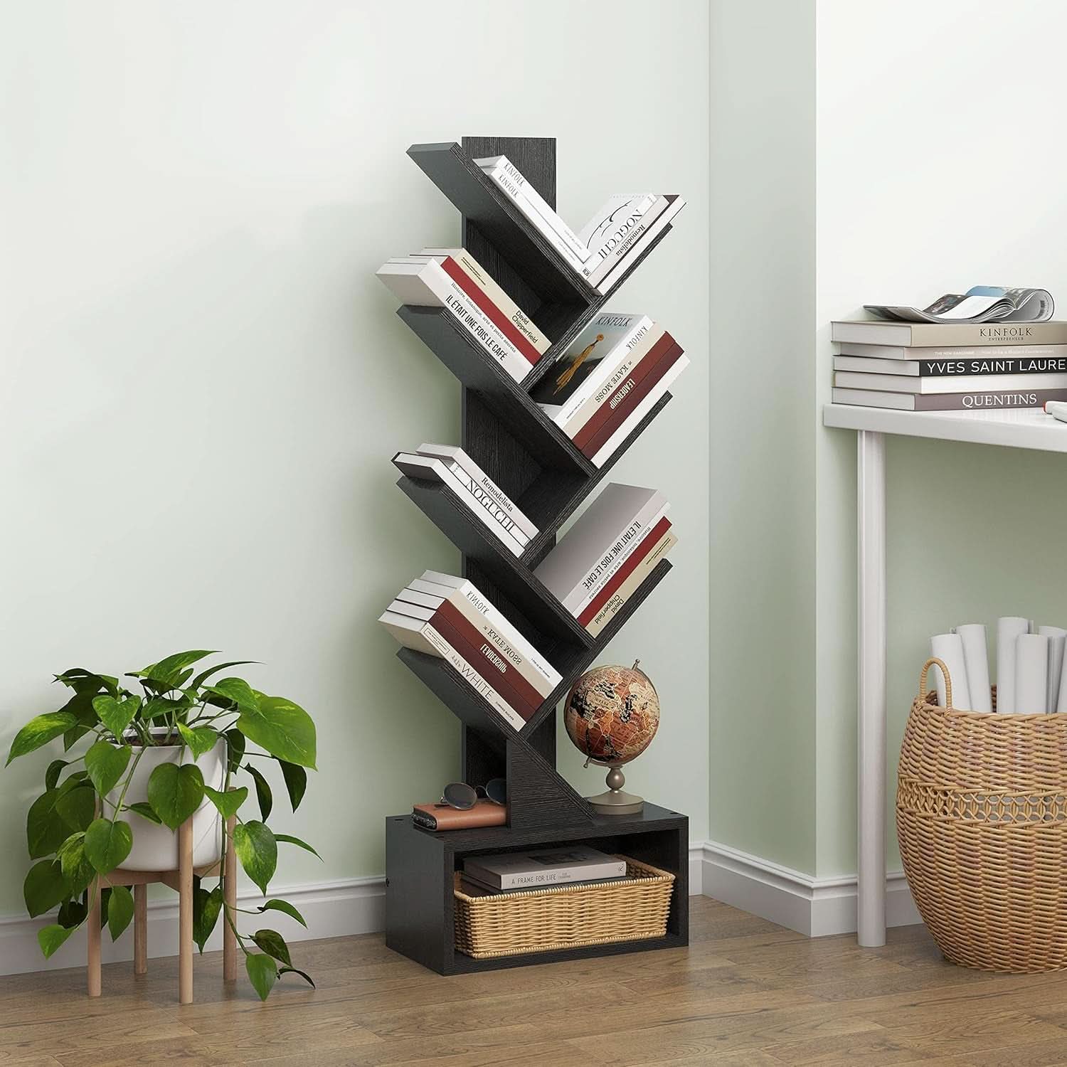 Black 6 Tier Tree Bookshelf With Drawer Freestanding Storage