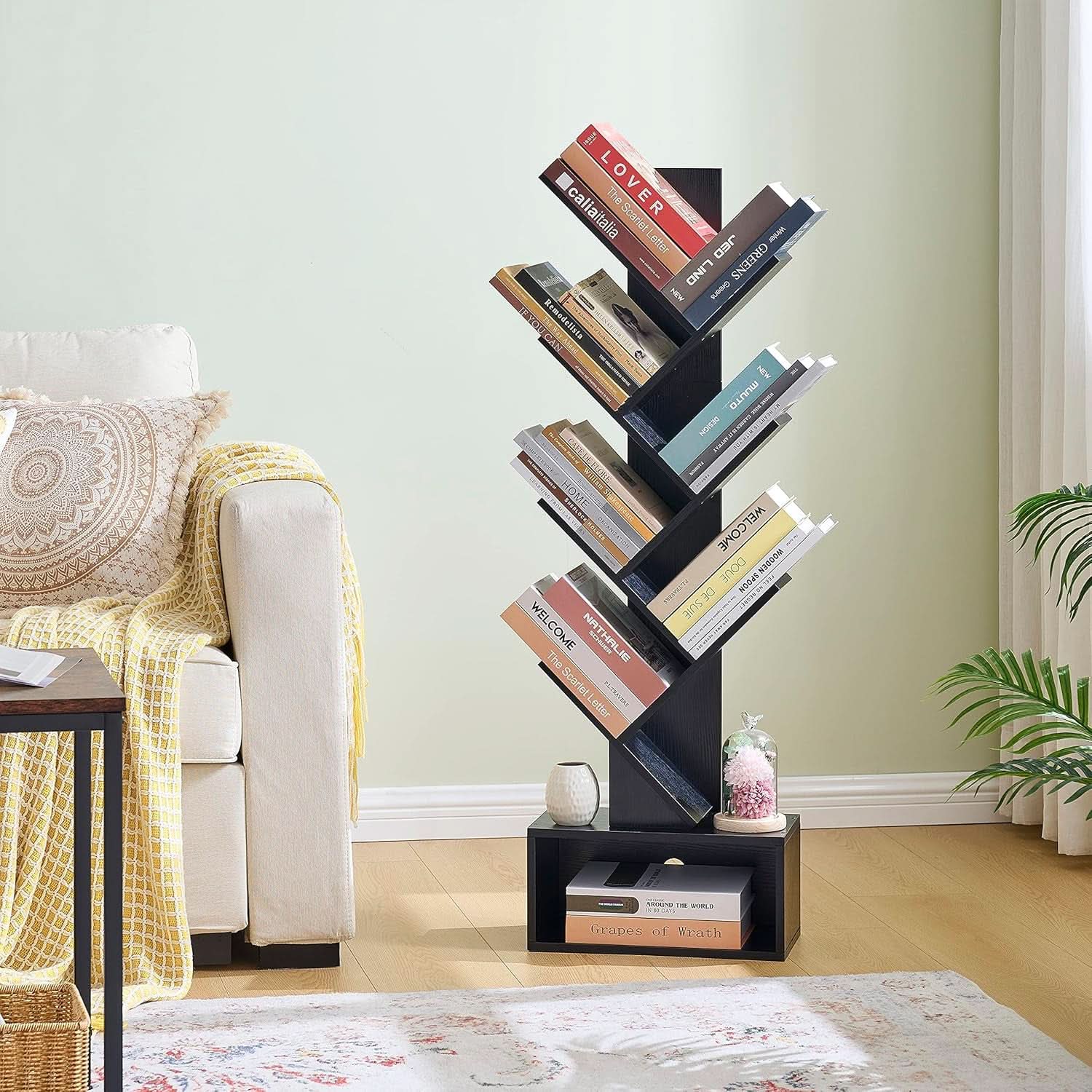 Black 6 Tier Tree Bookshelf With Drawer Freestanding Storage