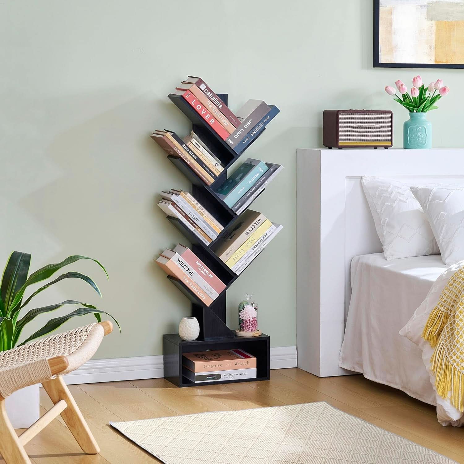 Black 6 Tier Tree Bookshelf With Drawer Freestanding Storage