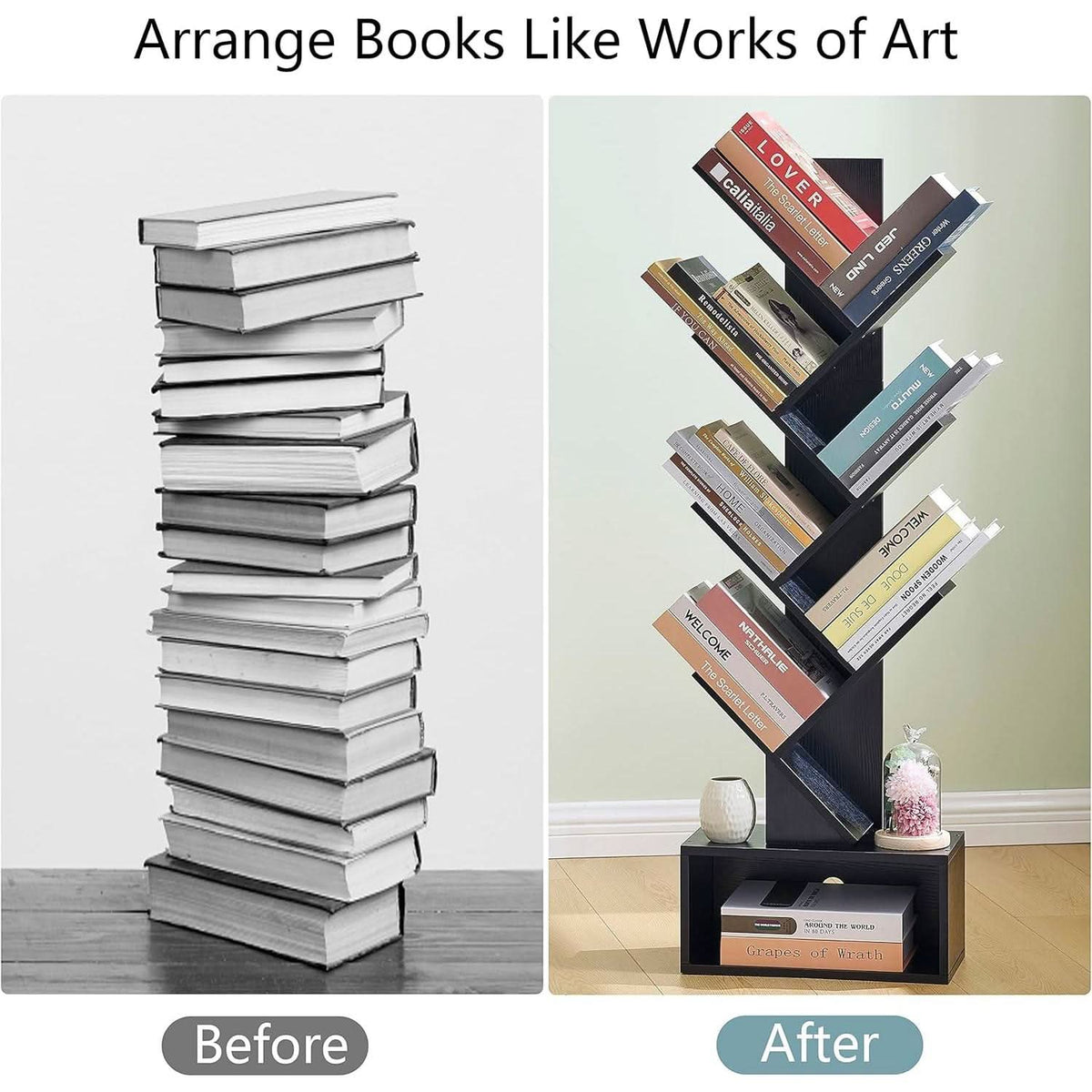 Black 6 Tier Tree Bookshelf With Drawer Freestanding Storage