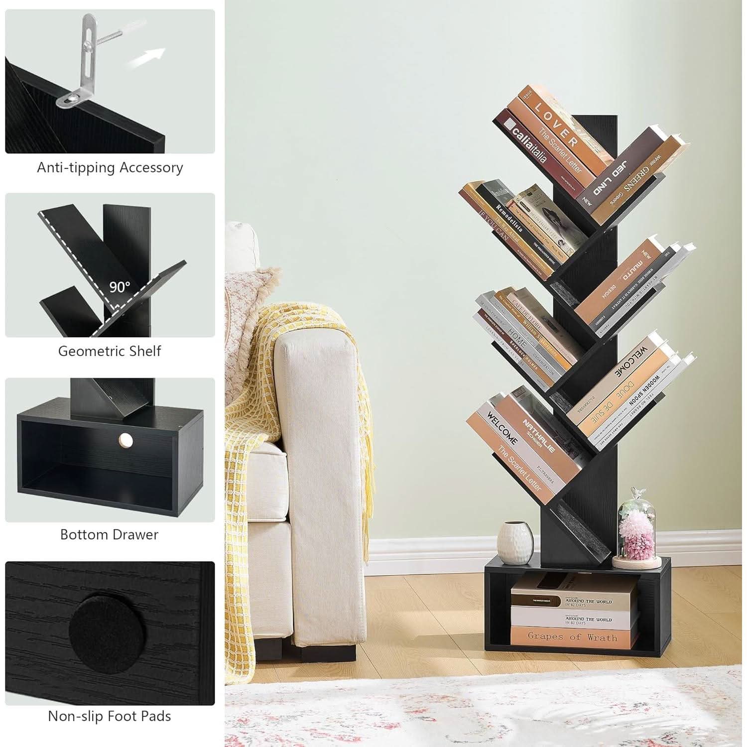 Black 6 Tier Tree Bookshelf With Drawer Freestanding Storage