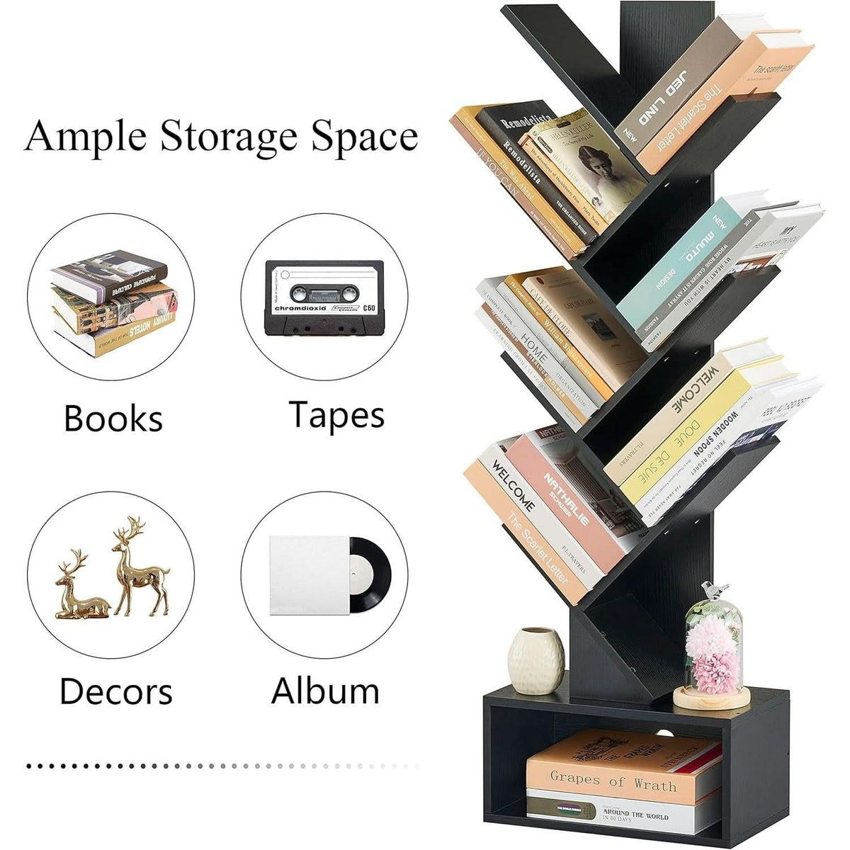 Black 6 Tier Tree Bookshelf With Drawer Freestanding Storage