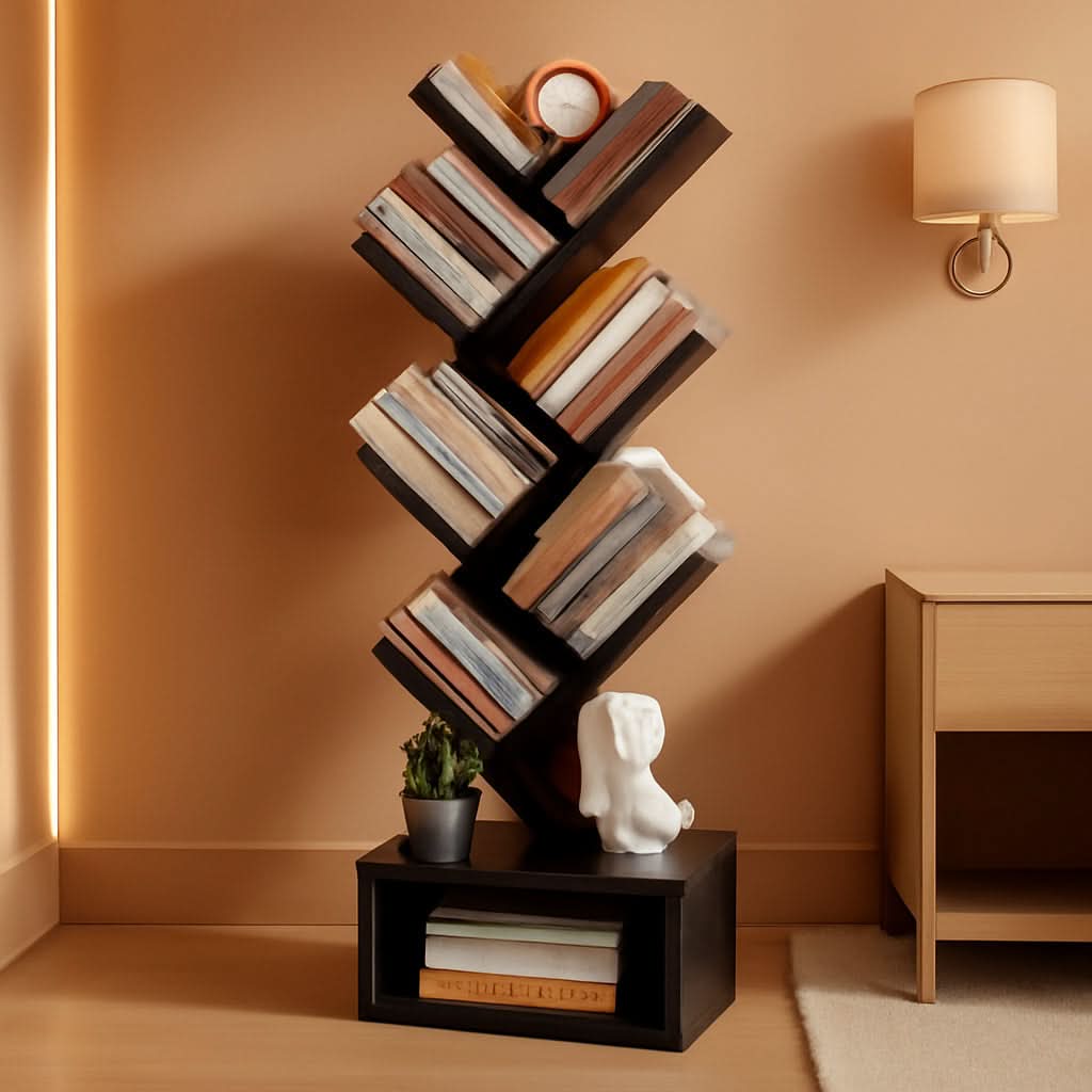 Black 6 Tier Tree Bookshelf With Drawer Freestanding Storage