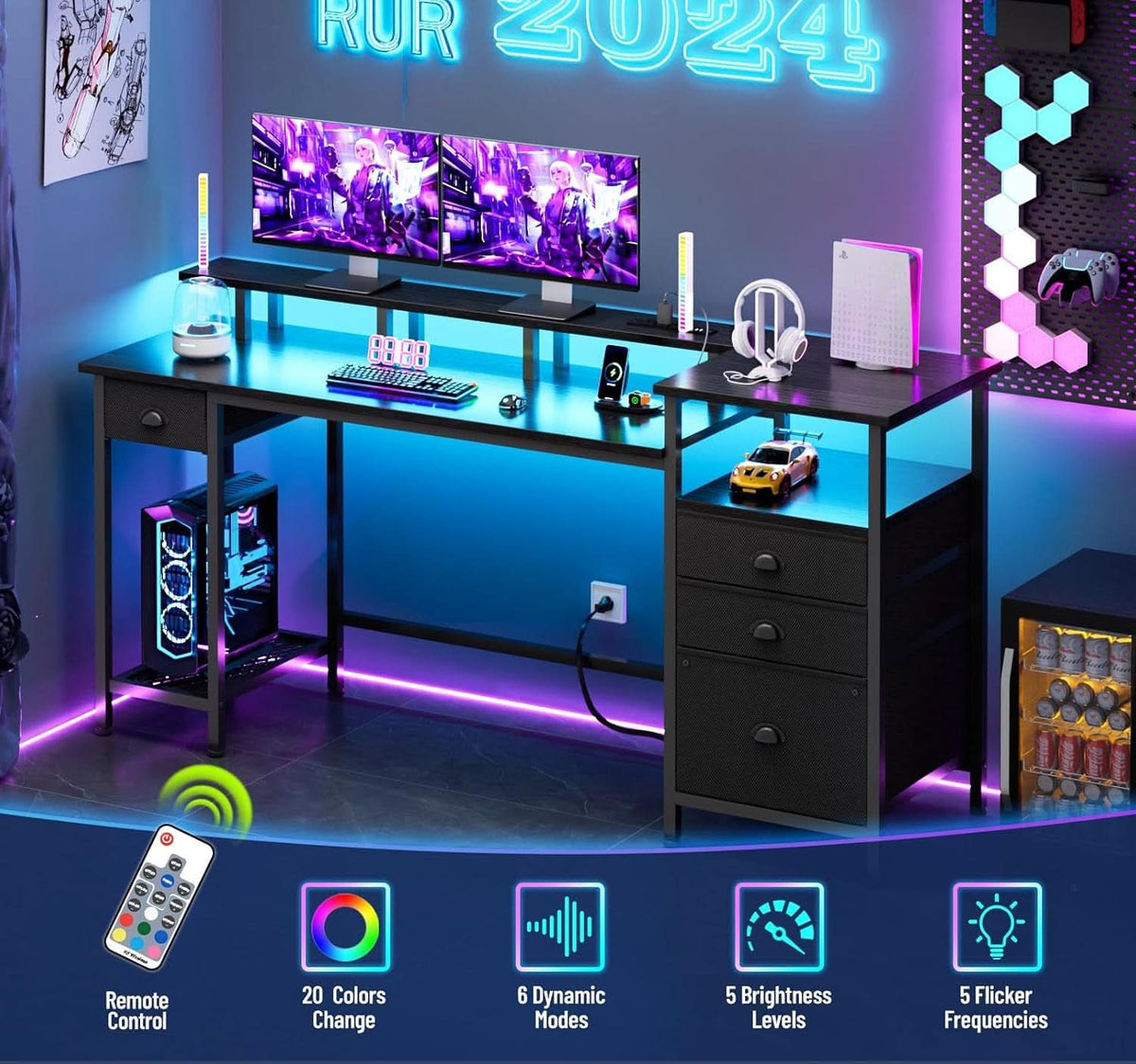 Black 60 Inch Computer Desk With 4 Drawers And Led Lights