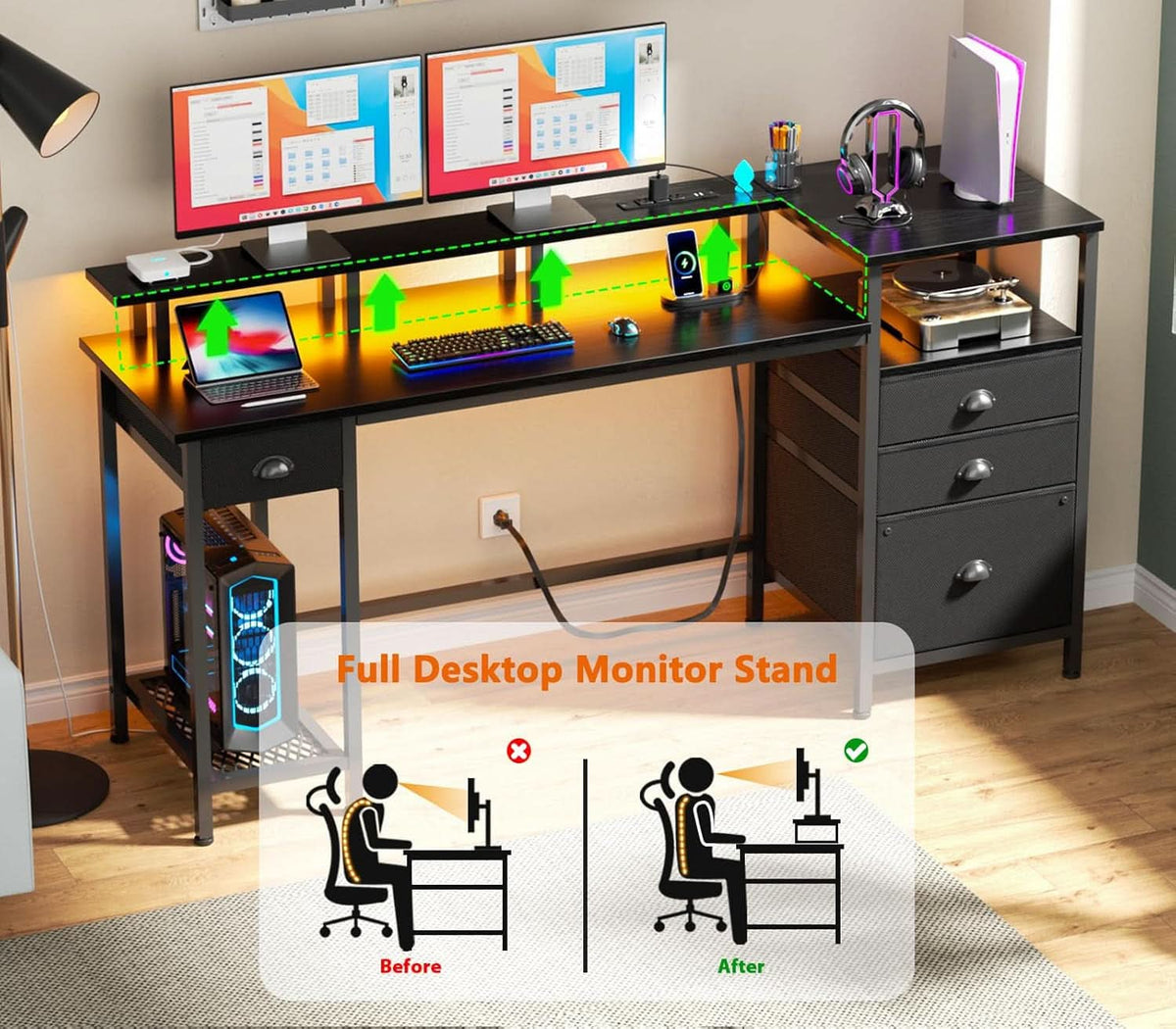 Black 60 Inch Computer Desk With 4 Drawers And Led Lights