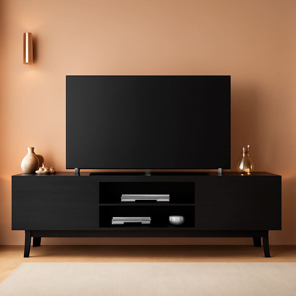 Black 60 Inch TV Console With Adjustable Shelves And Storage